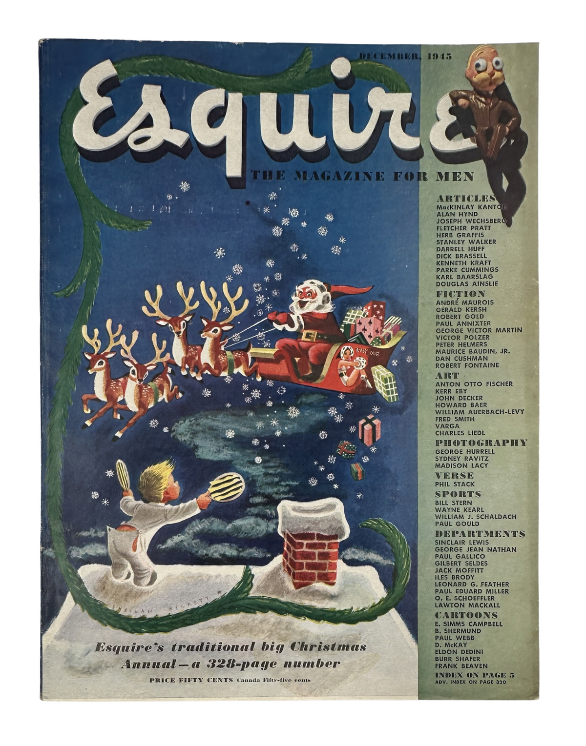 Esquire Magazine December 1945 cover featuring a festive Christmas illustration with Santa Claus and reindeer, highlighting articles and visuals in a vintage style.