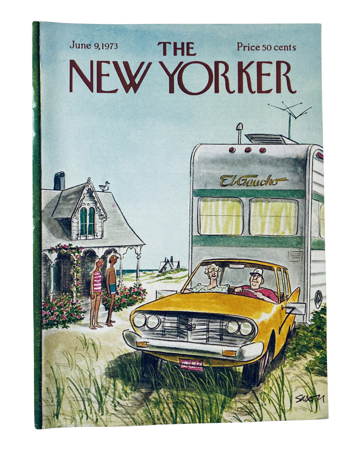 The New Yorker Magazine June 9, 1973 cover featuring a cartoon illustration by Charles Saxon depicting a beach scene with a yellow car and a trailer titled 'El Gaucho'.