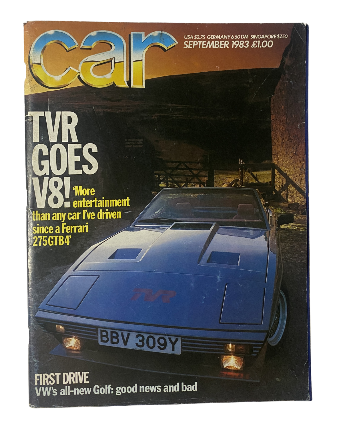 Cover of CAR Magazine September 1983 featuring TVR Goes V8 headline, highlighting a Ferrari 275 GTB4 comparison. Price listed as £1.00.