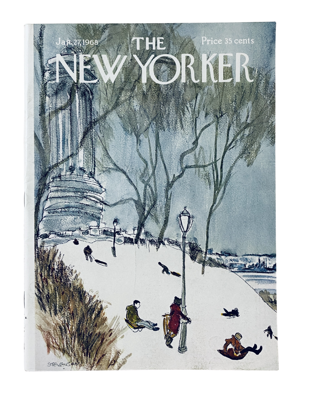 The New Yorker Magazine January 27, 1968 cover featuring a winter scene with people in a landscape of snow and trees, priced at 35 cents.