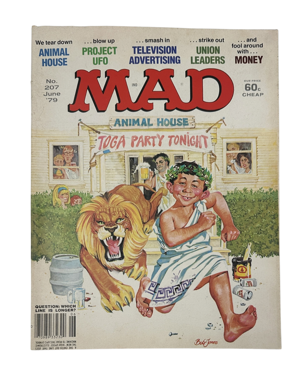 Cover of MAD Magazine No. 207 from June 1979 featuring a humorous illustration of a toga party with a lion and a child, titled 'Animal House Project UFO'.