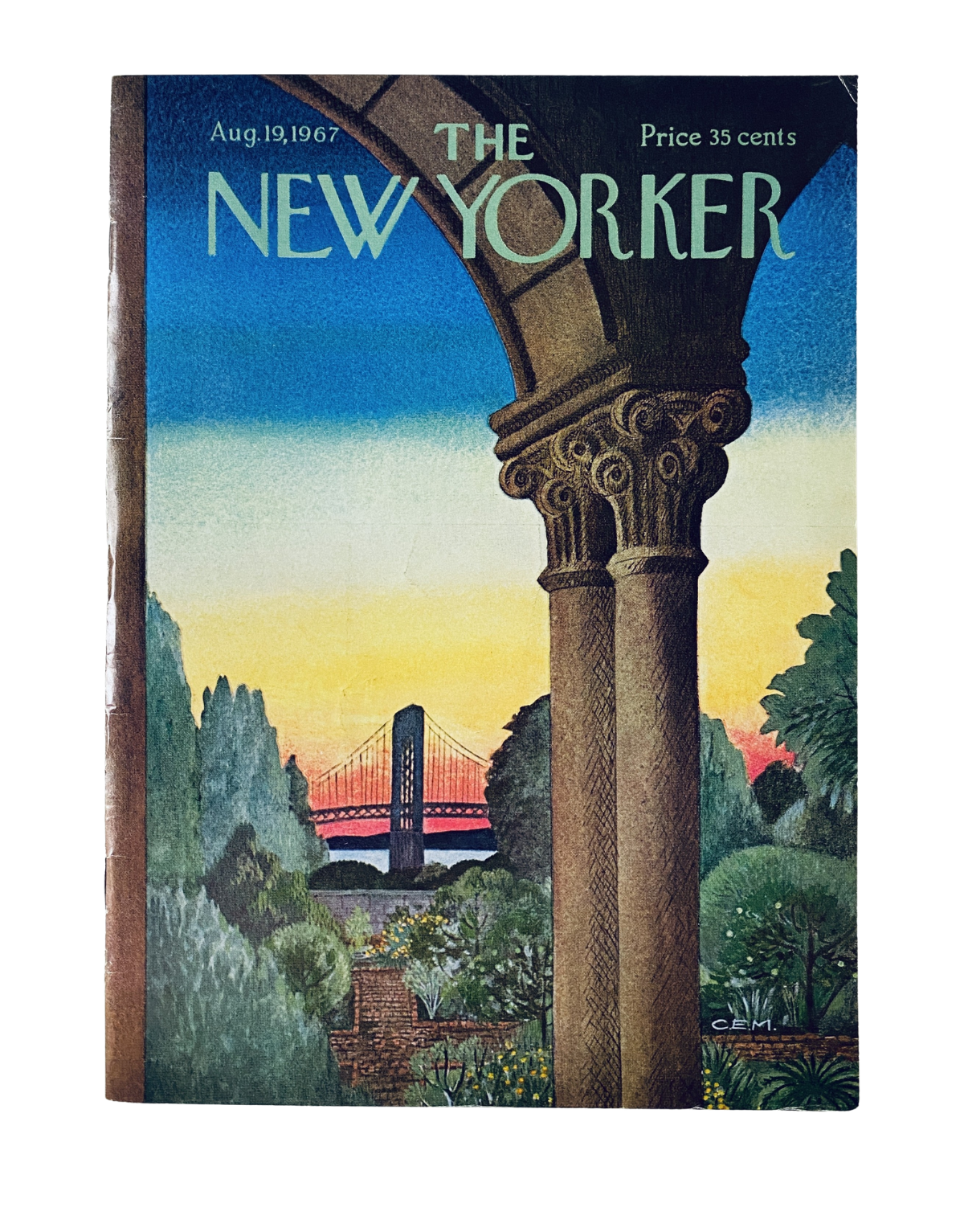 Cover of The New Yorker Magazine from August 19, 1967 featuring an illustration of a sunset and architectural elements, priced at 35 cents, by Charles Martin.