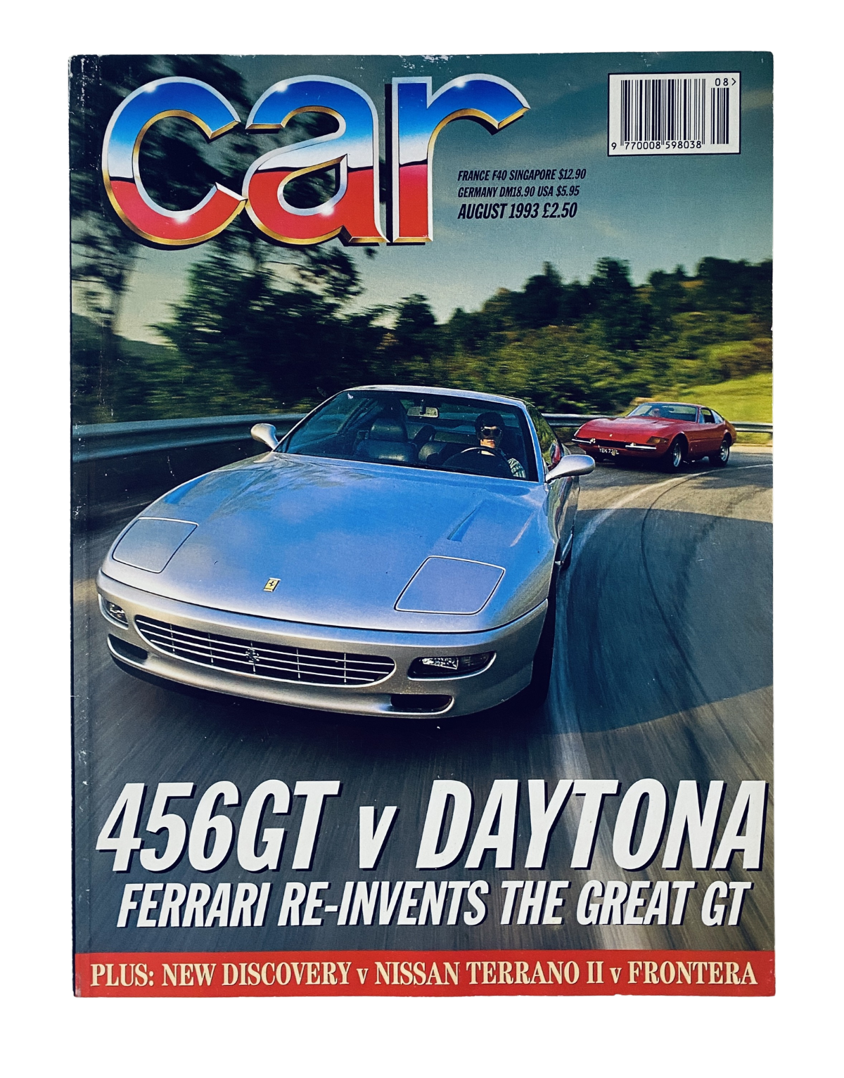 Cover of CAR Magazine August 1993 featuring the Ferrari 456GT vs Daytona, showcasing the sleek design and performance of these iconic cars.
