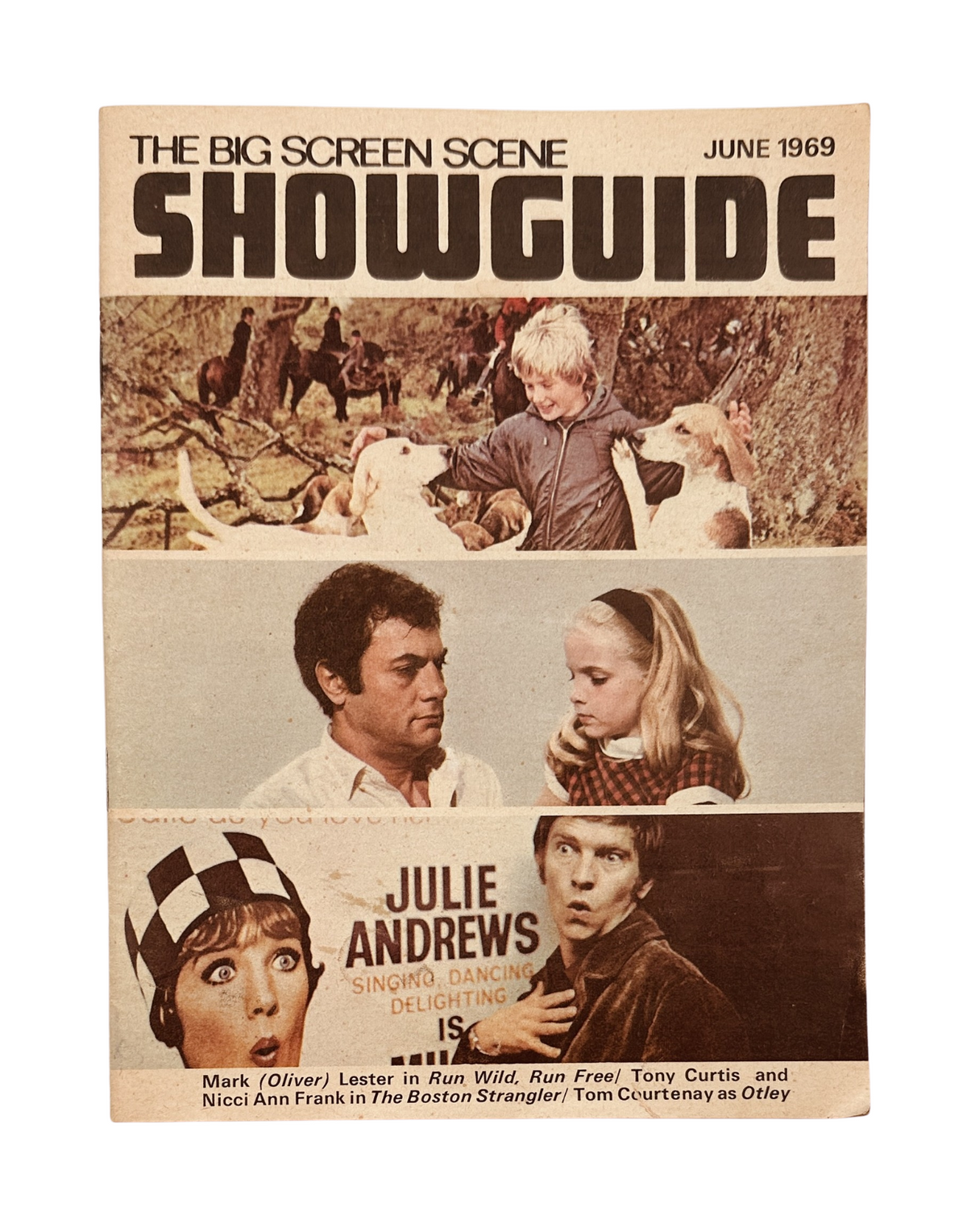 Cover of Showguide Magazine from June 1969 featuring Julie Andrews and Tony Curtis, showcasing notable film highlights and images of iconic movie scenes.