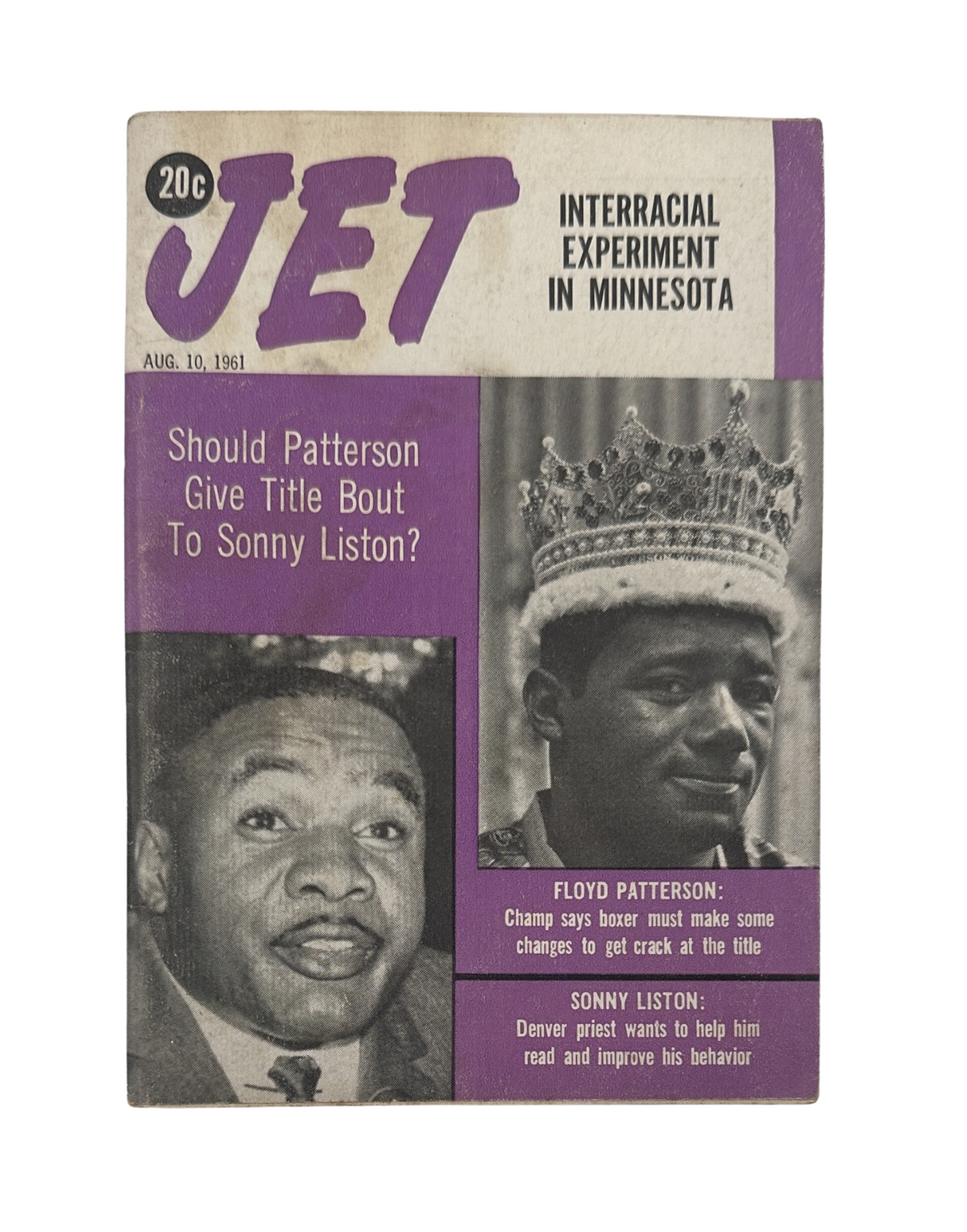 Cover of Jet Magazine August 10, 1961 featuring Floyd Patterson and Sonny Liston, titled 'Should Patterson Give Title Bout To Sonny Liston?'. Includes black-and-white photo of Floyd Patterson and Sonny Liston with headlines about boxing.
