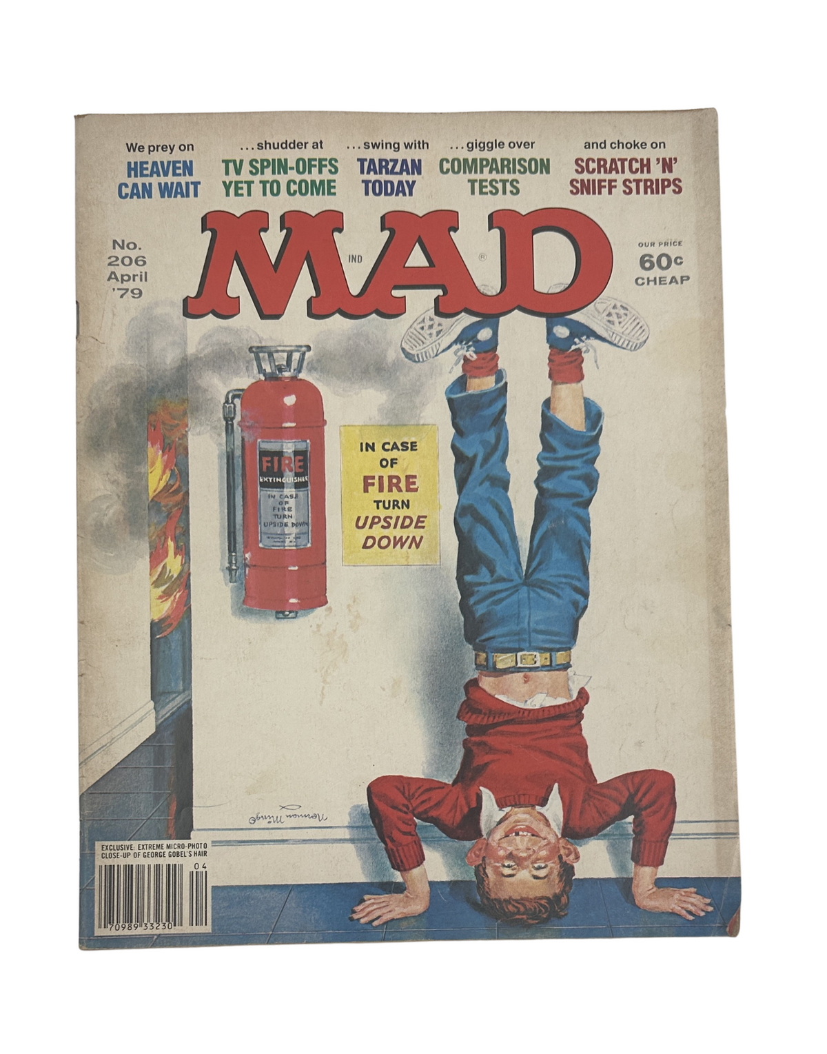 Cover of MAD Magazine No. 206 from April 1979 featuring a parody titled 'Heaving Can Wait' with a humorous image of a young boy hanging upside down next to a fire extinguisher.