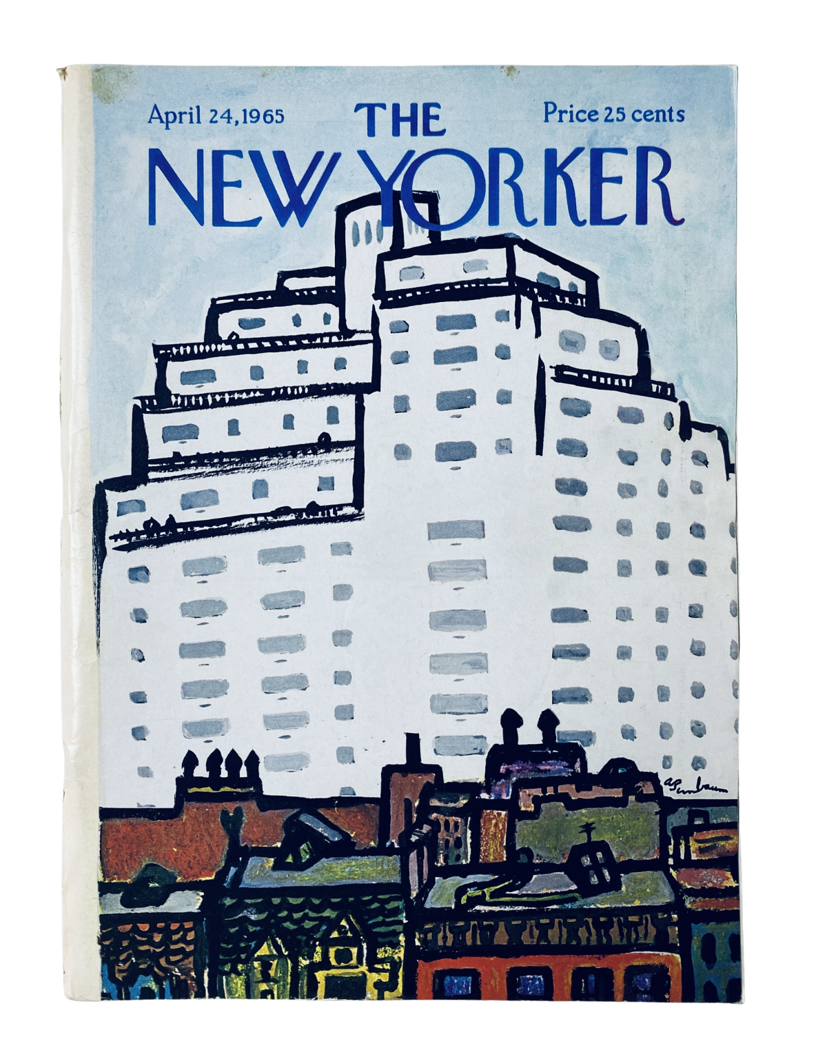 The New Yorker Magazine cover from April 24, 1965, featuring a colorful illustration of a city skyscraper by Abe Birnbaum, highlighting urban architecture and design.