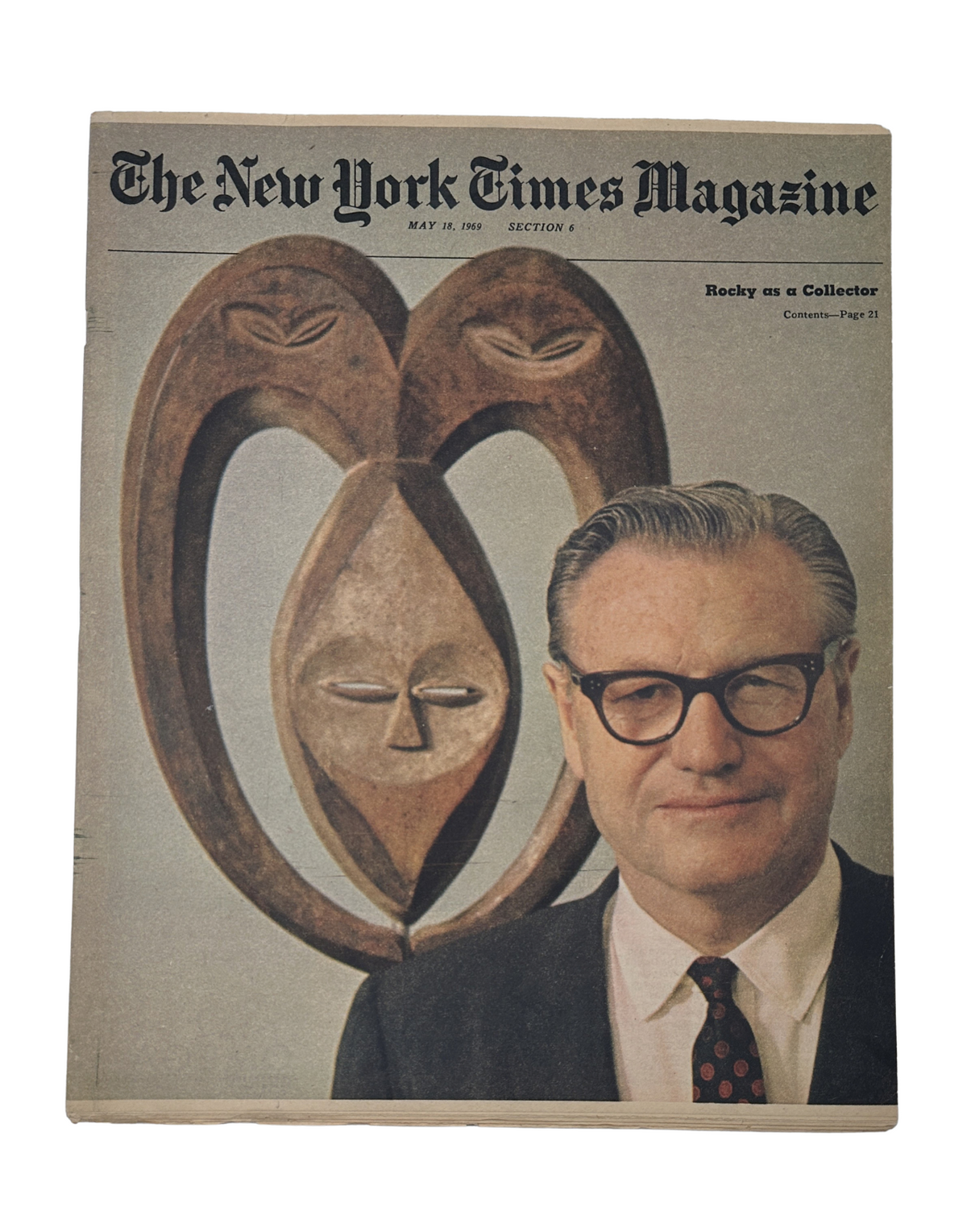 Cover of The New York Times Magazine dated May 18, 1969 featuring Nelson Rockefeller alongside a ceremonial mask, emphasizing his collection of primitive art, with the title 'Rocky as a Collector'.