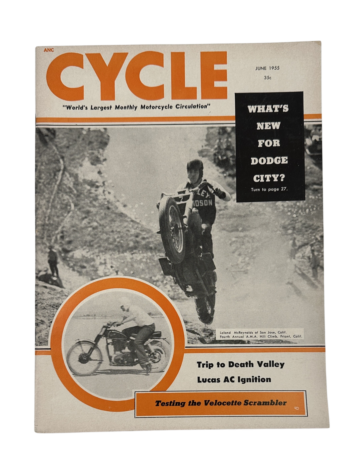 Cycle Magazine June 1955 cover featuring a motorcycle rider performing a stunt. The magazine showcases articles on the Velocette Scrambler, Moto Guzzi, and Zundapp, along with features like 'Trip to Death Valley' and 'Testing the Velocette Scrambler'.