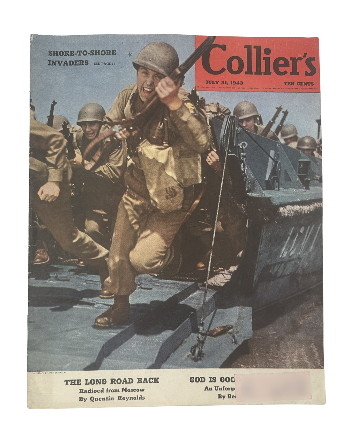 Cover of Collier’s Magazine dated July 31, 1943, featuring the title 'Shore-to-Shore Invaders' with a soldier charging onto a boat amidst an invasion scene.