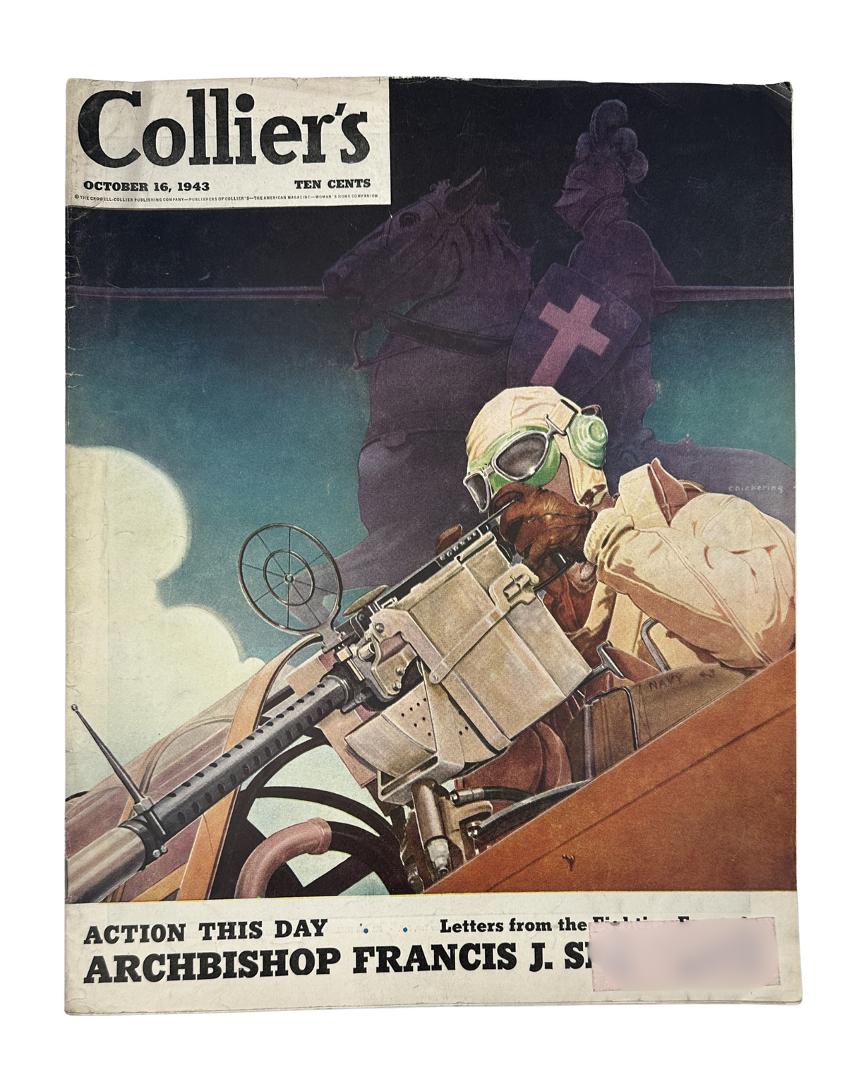 Cover of Collier’s Magazine dated October 16, 1943, featuring artwork of a soldier with a machine gun, titled 'Action This Day' by Archbishop Francis J. Spellman.