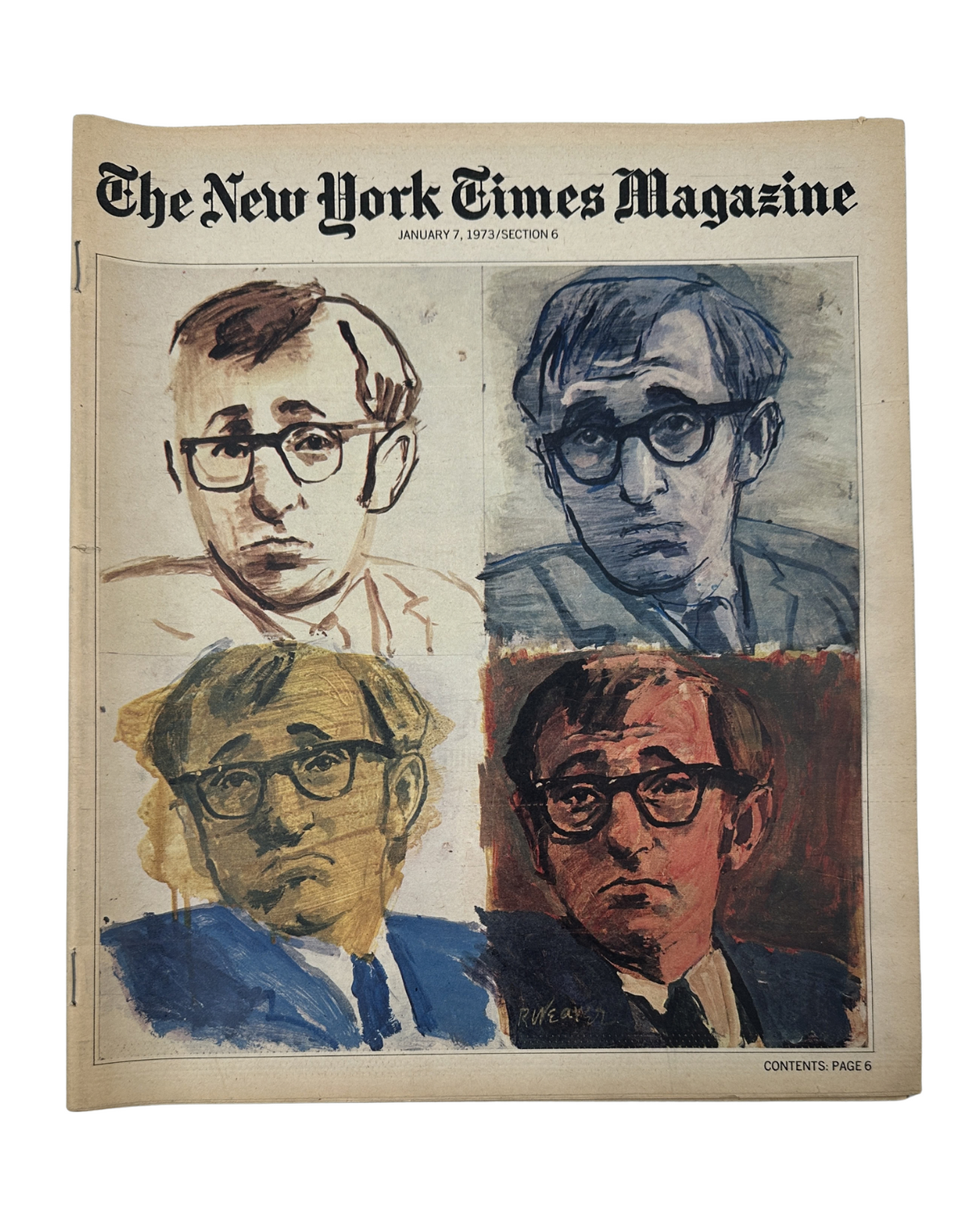 Cover of The New York Times Magazine from January 7, 1973, featuring a painted collage of Woody Allen's portraits. The magazine is in very good condition with light edge wear.