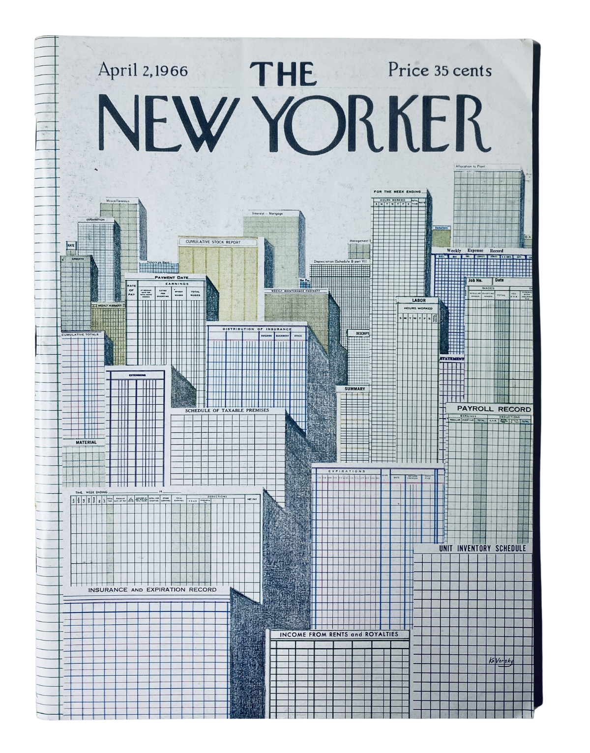 The New Yorker Magazine April 2, 1966 cover featuring an illustration of a city skyline with grid patterns reminiscent of an accounting ledger, highlighting urban architecture and design, priced at 35 cents.