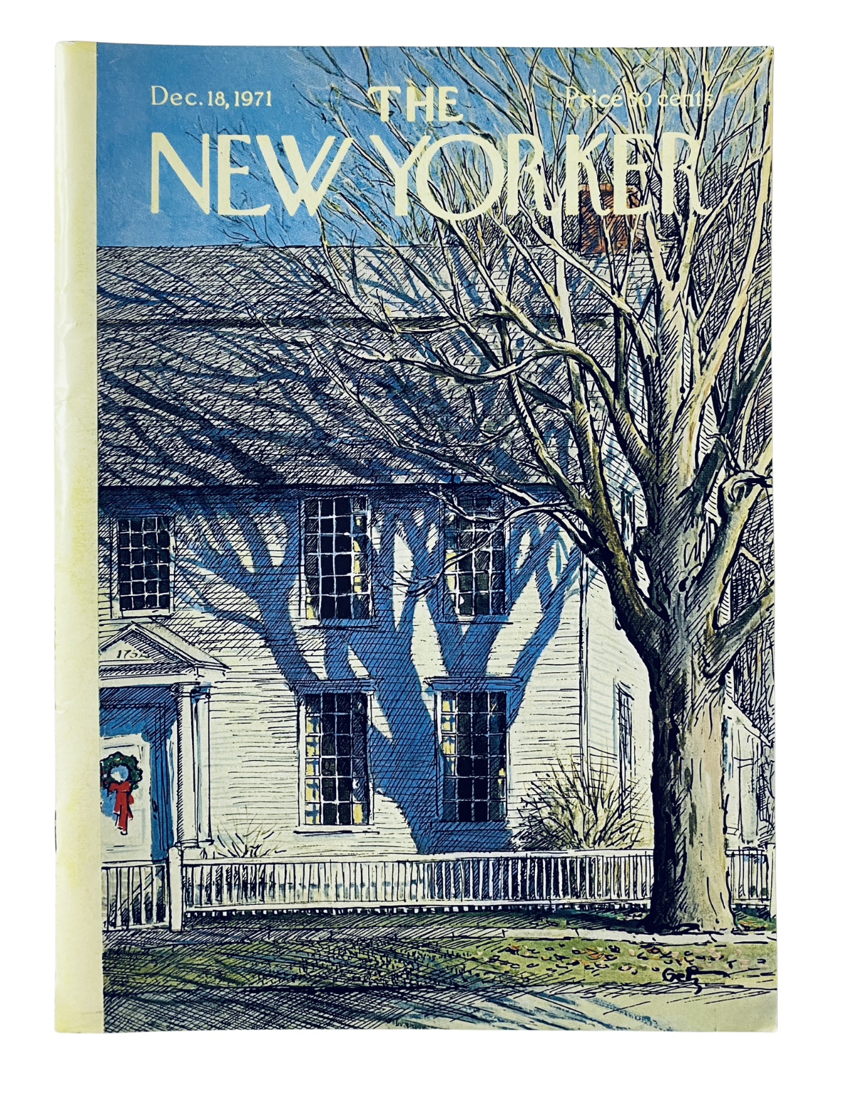 Cover of The New Yorker Magazine dated December 18, 1971, featuring a winter house and tree illustration by Arthur Getz, portraying a serene winter scene.