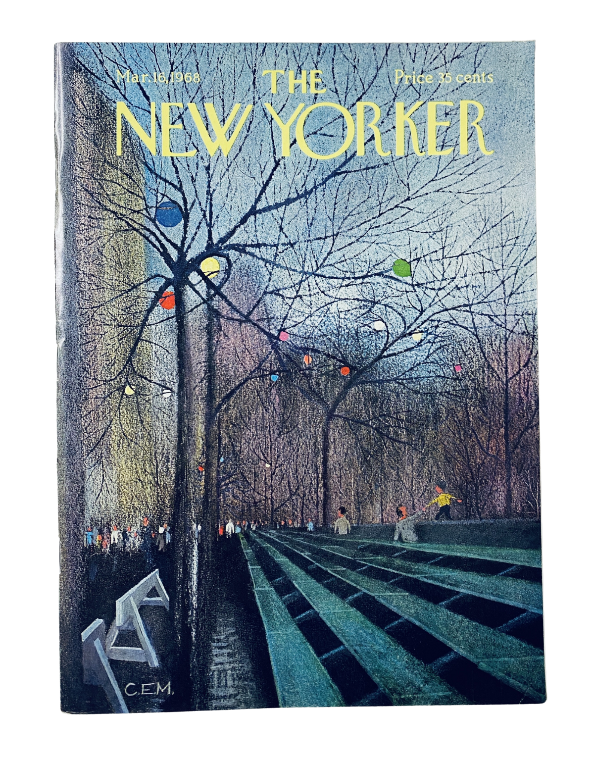 The New Yorker Magazine March 16, 1968 cover featuring a park scene with colorful lights and trees, designed by Charles Martin in very good condition.