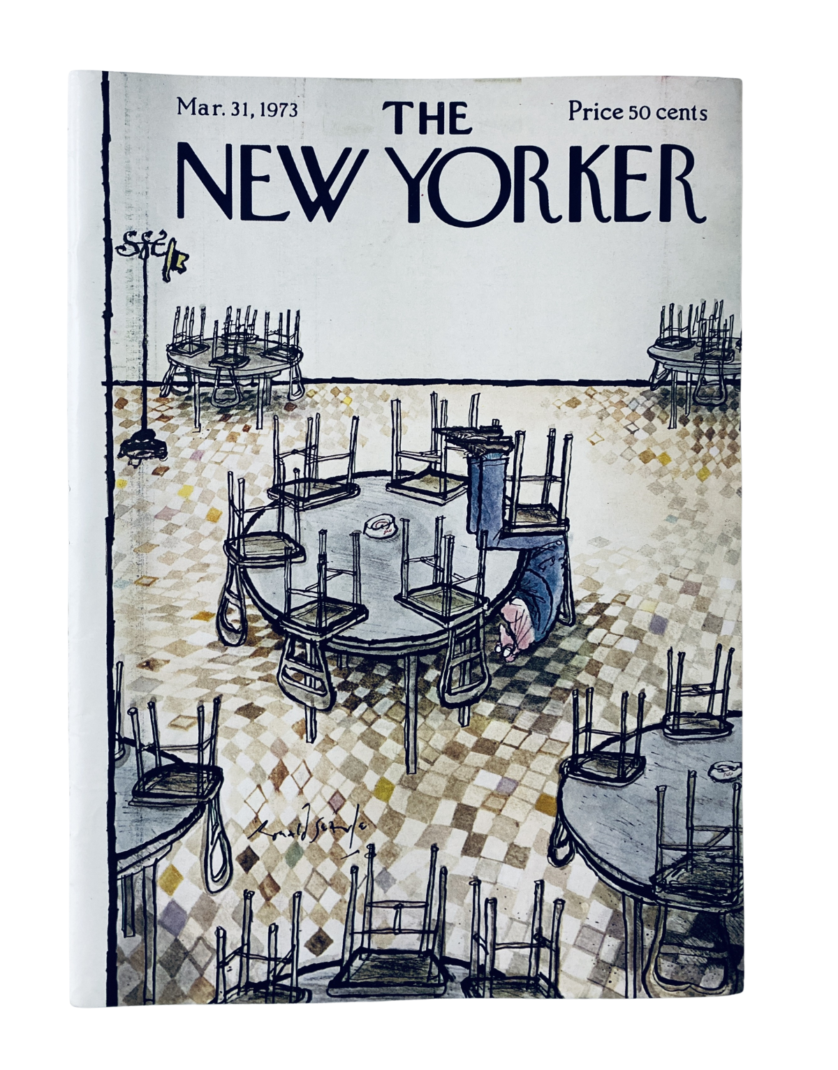 The New Yorker Magazine March 31, 1973 featuring a cover illustration of empty café tables by Ronald Searle, showcasing a unique artistic style.