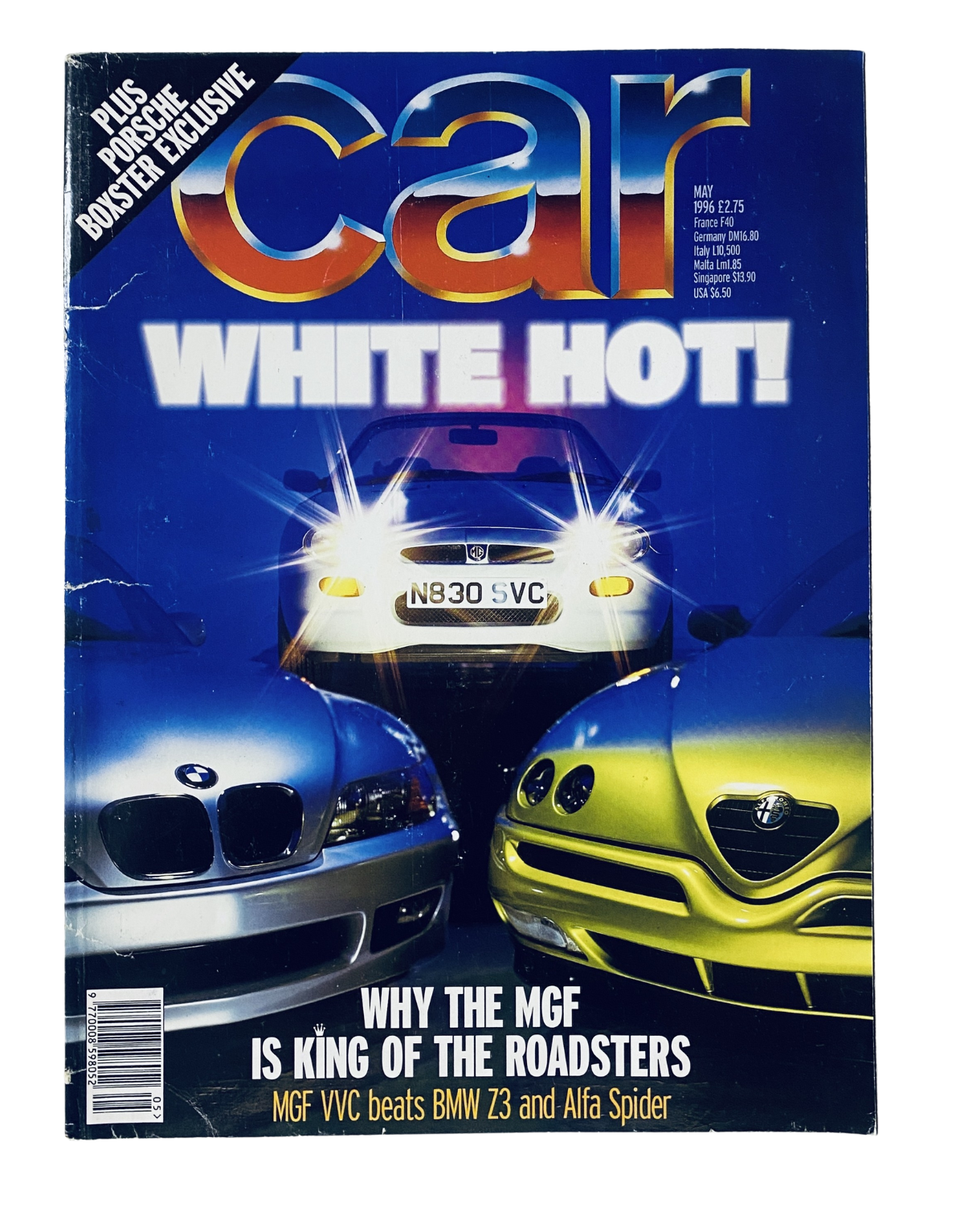 Cover of CAR Magazine May 1996 featuring the headline 'WHITE HOT!' with a BMW Z3, MGF VVC, and Alfa Spider, highlighting the MGF as the king of the roadsters.