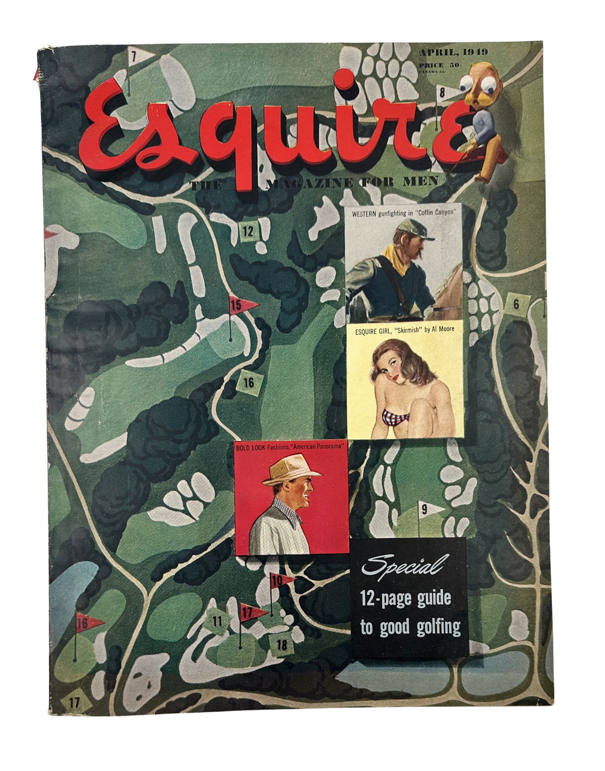 Cover of Esquire Magazine from April 1949, featuring a colorful design focused on golf, with illustrations of a golfer, a pinup, and maps related to golfing. Title: Esquire Magazine April 1949 Golfing Al Moore Foldout Irish Stag Hunt w Pinup.