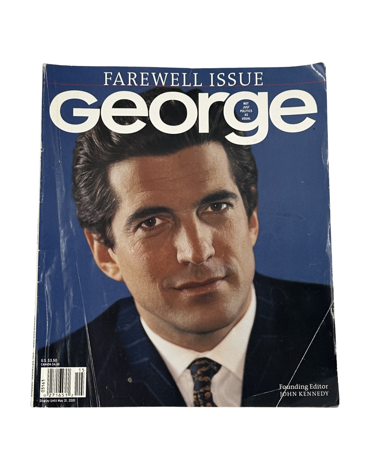 Cover of the Farewell Issue of George Magazine (May 2001) featuring John F. Kennedy Jr., highlighting politics and power.