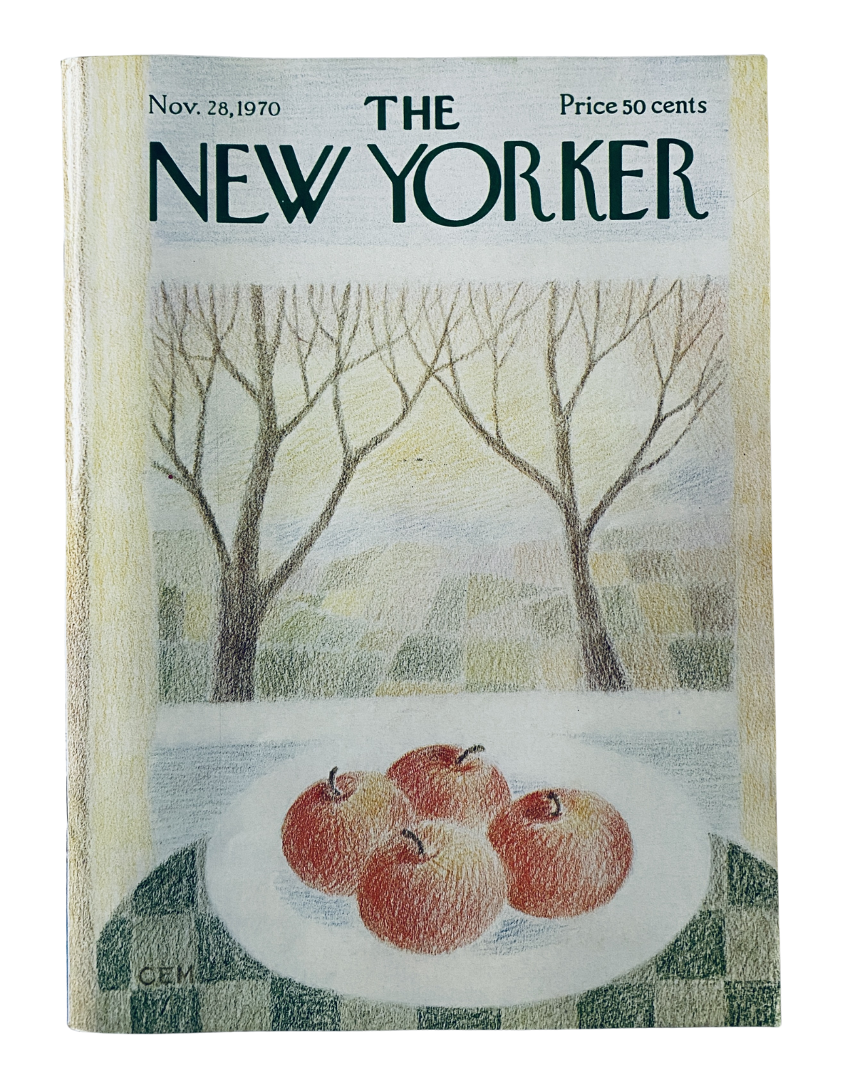 Cover of The New Yorker magazine dated November 28, 1970, featuring a winter scene with four apples on a plate, designed by Charles E. Martin.