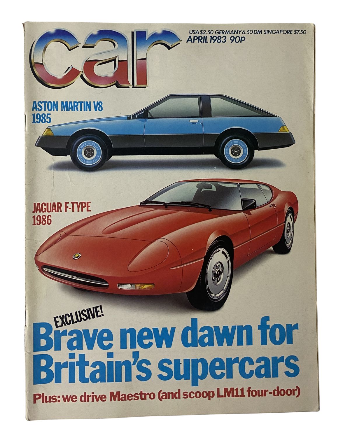 Cover of Car Magazine April 1983 featuring Aston Martin V8 and Jaguar F-Type, highlighting the theme of Britain's supercars.