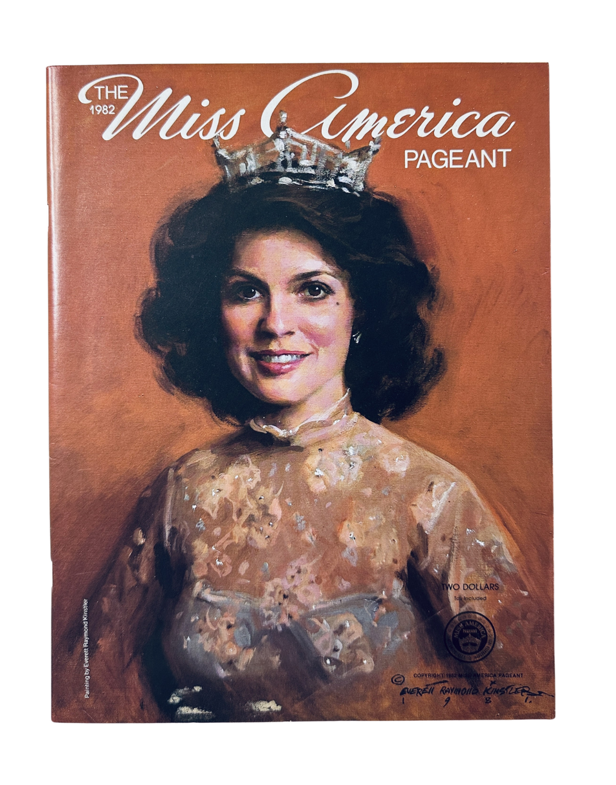 Cover of The 1982 Miss America Pageant Magazine featuring Elizabeth Ward, the crowned Miss America 1982, with a painted portrait style.