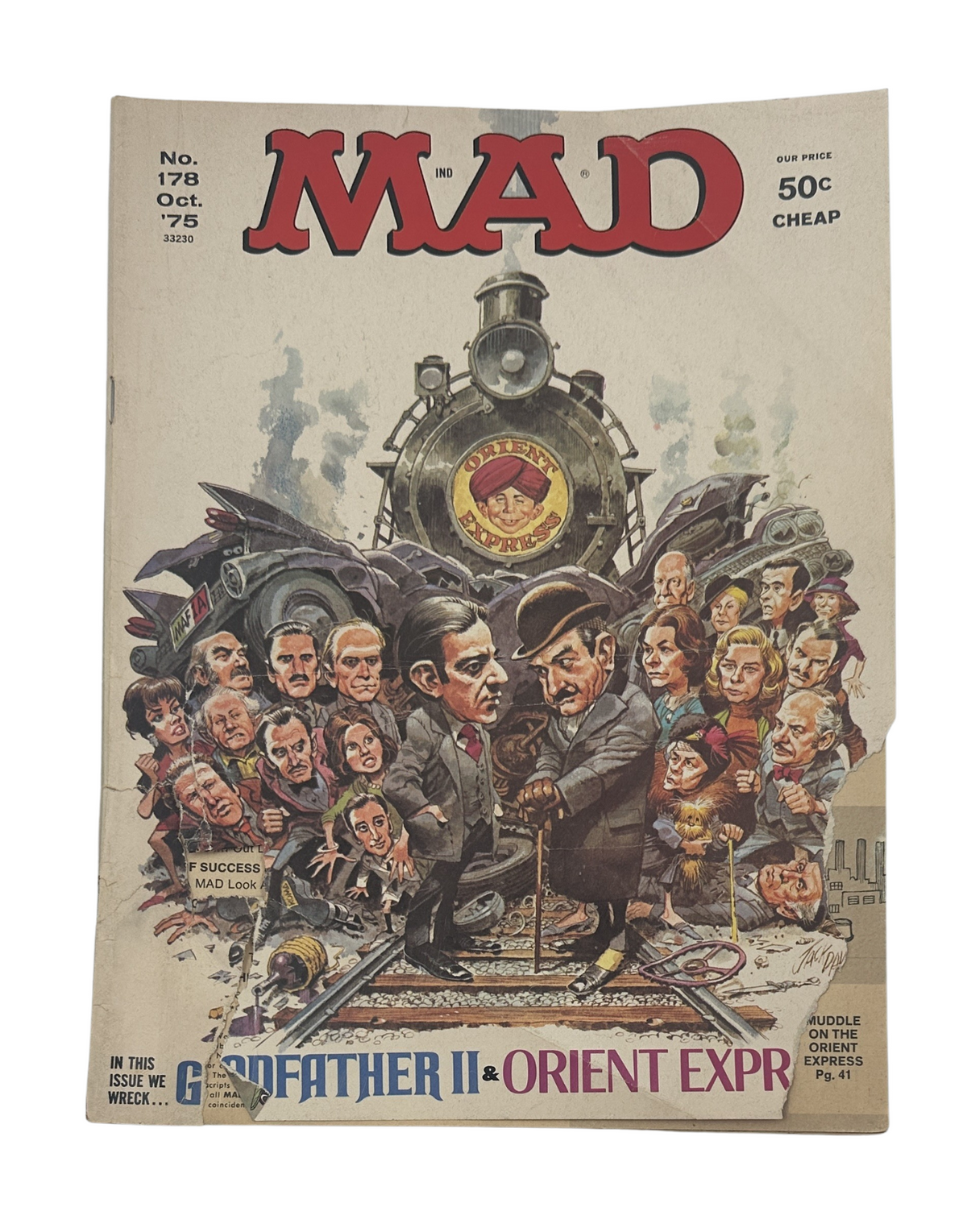 Cover of MAD Magazine No. 178 from October 1975 featuring the 'Odfather Part Too' theme with illustrations of various characters, a train, and a vintage aesthetic, highlighting the magazine's quirky humor and satire.