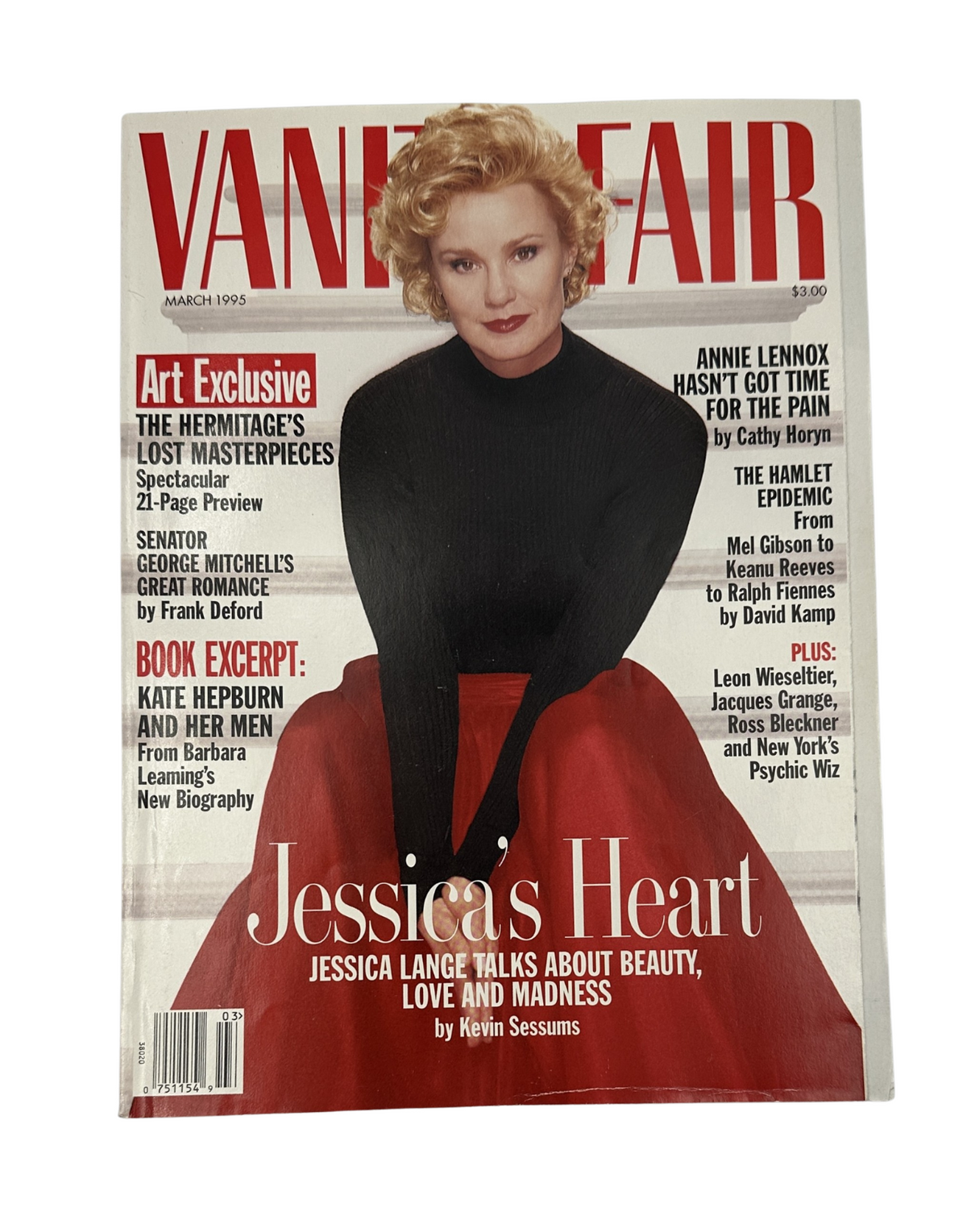 Cover of Vanity Fair Magazine March 1995 featuring Jessica Lange, highlighting an article about her titled 'Jessica's Heart' and showcasing a red dress against a black background.