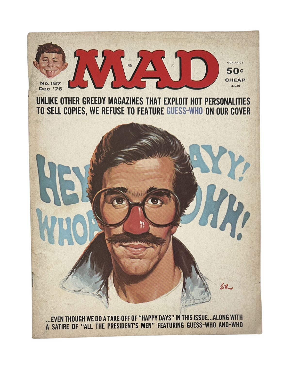 MAD Magazine No. 187 December 1976 cover featuring a humorous parody of the 'Happy Days' TV show with a character wearing a red clown nose and large glasses.
