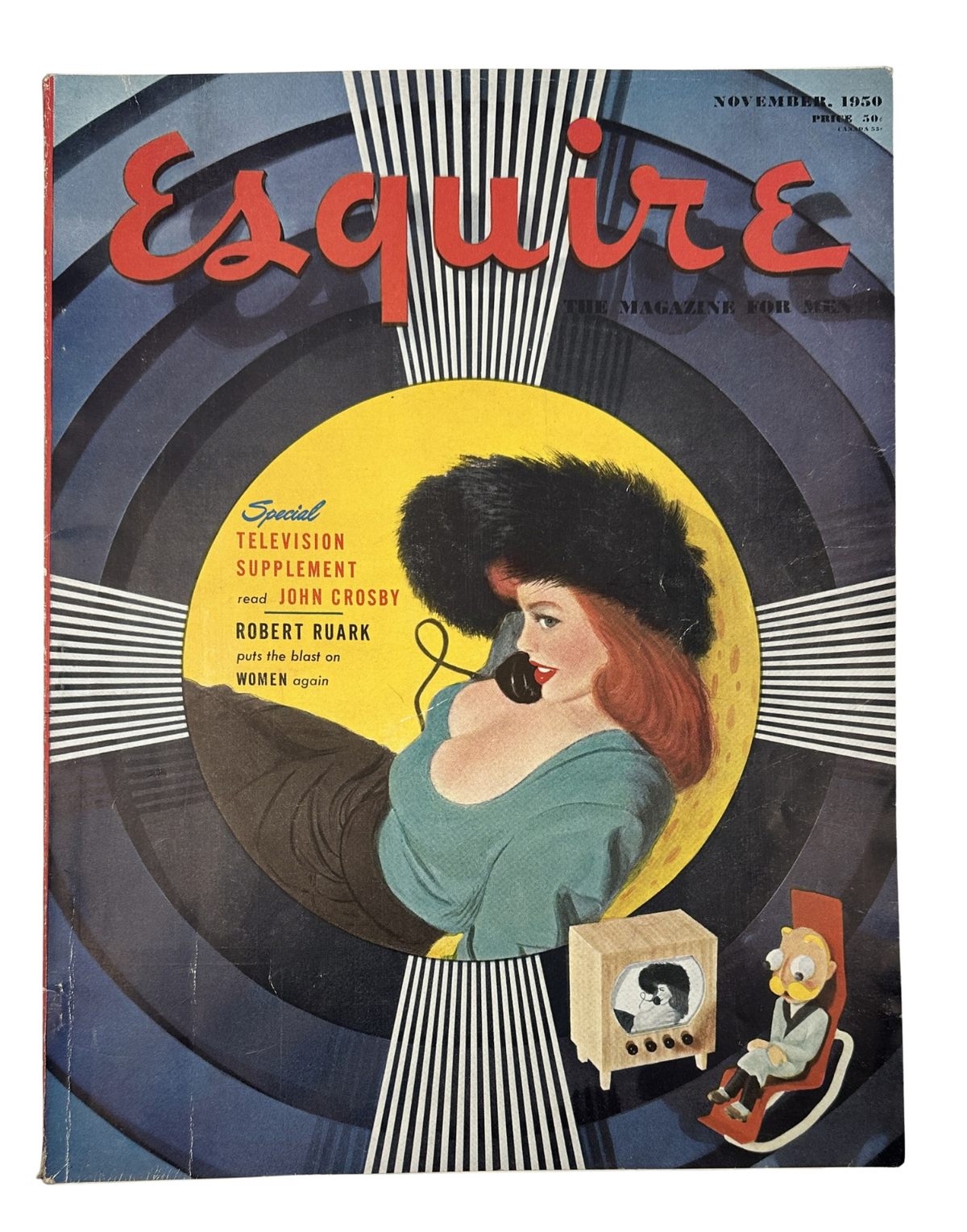 Cover of Esquire Magazine November 1950 featuring a woman with a telephone and a television influenced by the 1950s style, highlighting the Television Supplement with articles by John Crosby and Robert Ruark.