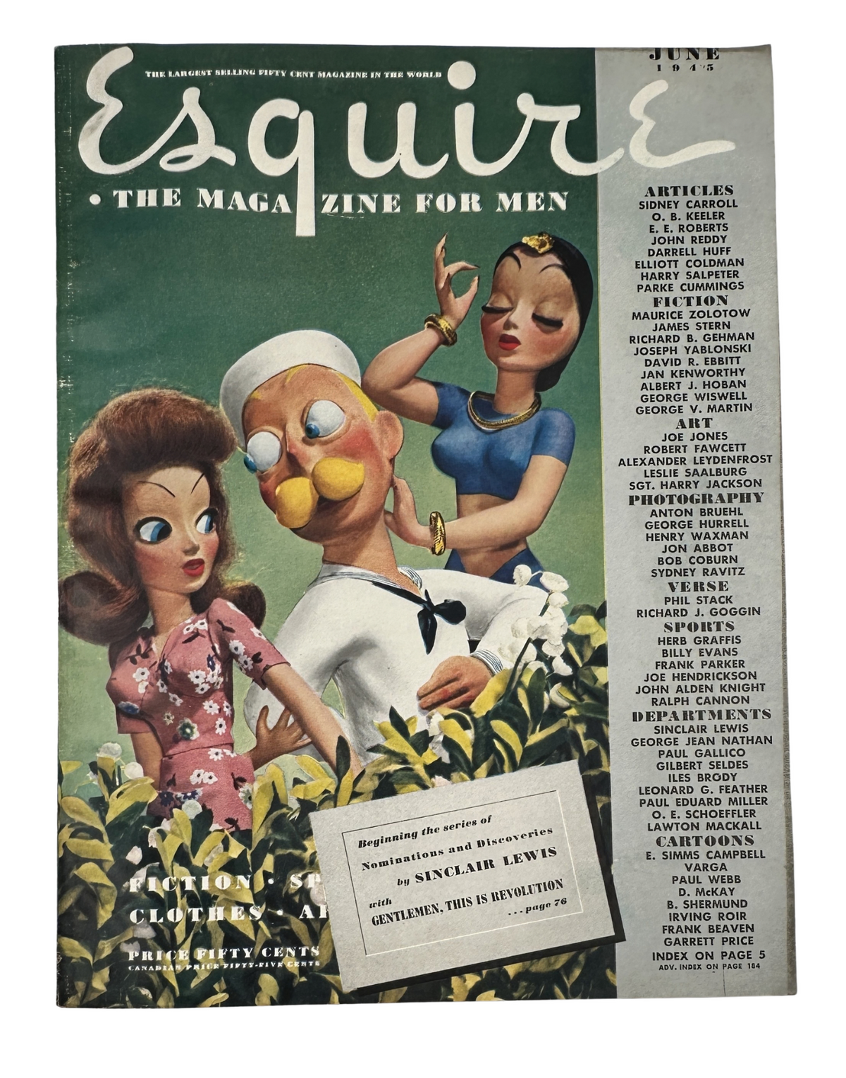 Cover of Esquire Magazine, June 1945 featuring the title 'Esquire Magazine June 1945 Varga Foldout Leydenfrost Robert Fawcett w Pinup'. The design includes cartoonish characters in a garden setting, reflecting mid-century illustration style.