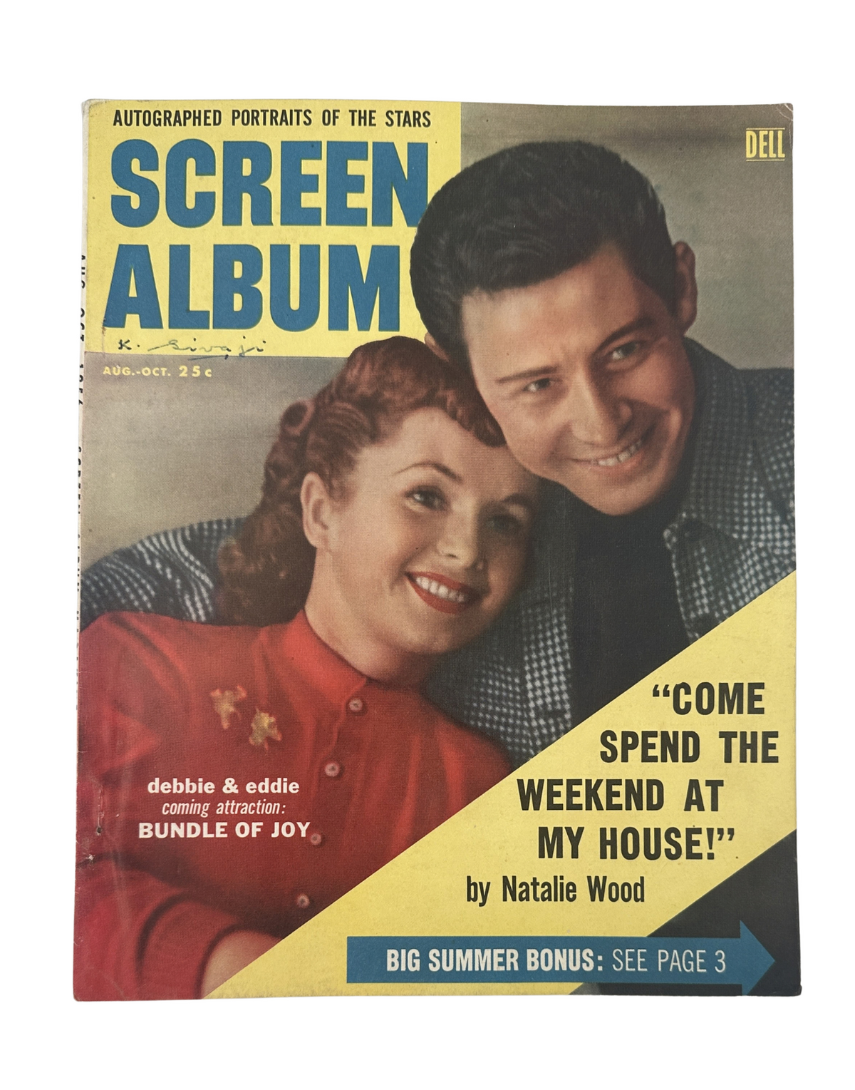 Cover of Screen Album Magazine from August featuring Debbie Reynolds and Eddie Fisher, promoting an article titled 'Come Spend The Weekend At My House!' by Natalie Wood. Vintage magazine showcasing 1950s Hollywood stars.