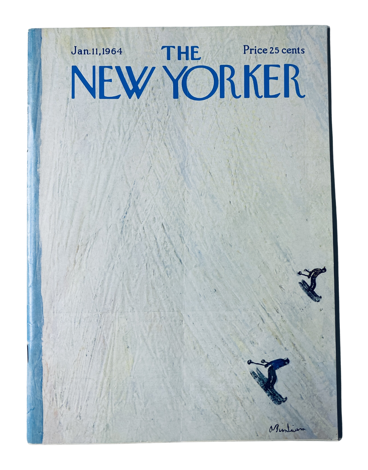 The New Yorker Magazine January 11, 1964 featuring a winter skiing cover design by Abe Birnbaum, showcasing two skiers on snow-covered terrain.