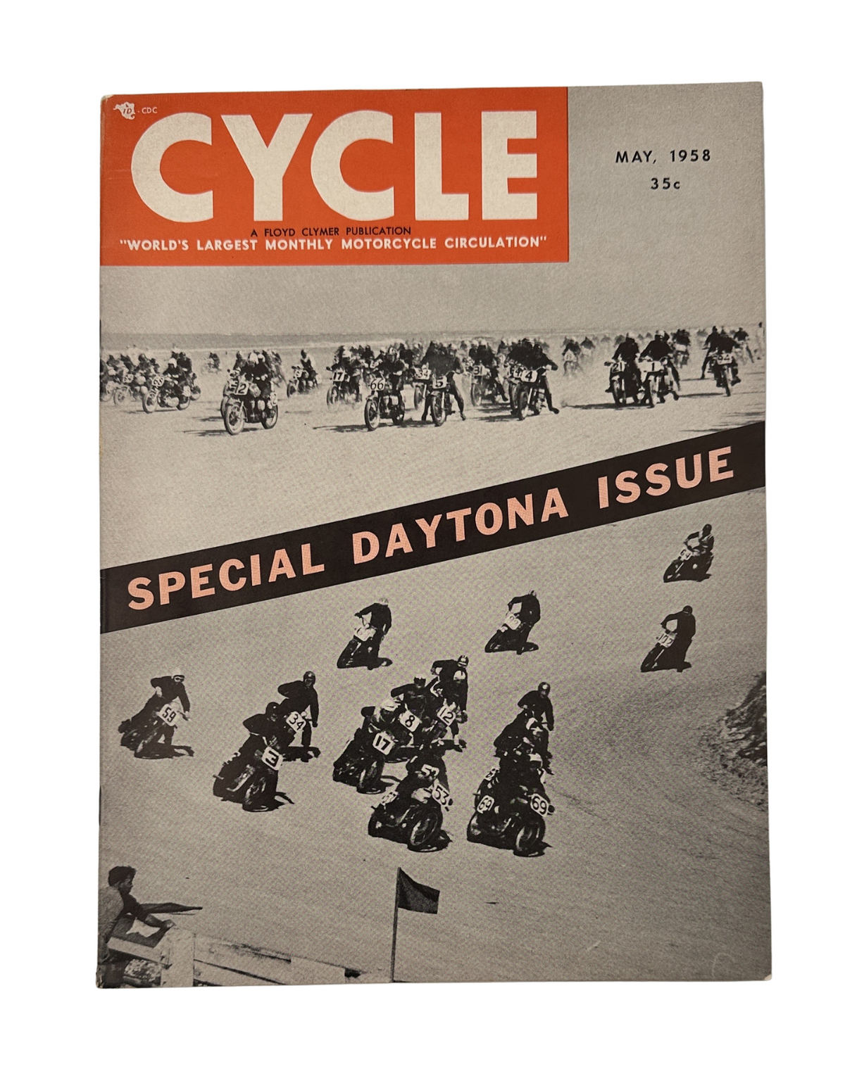 Cycle Magazine May 1958 cover featuring the Special Daytona Issue showcasing a group of motorcycle racers on a sandy track.