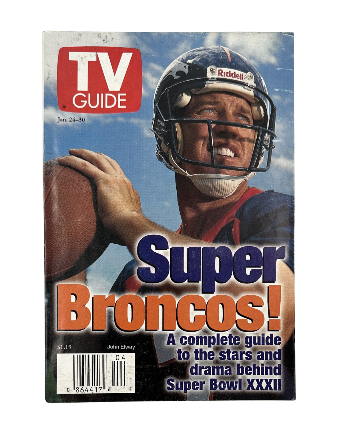 TV Guide Magazine January 24, 1998 featuring John Elway on the cover, showcasing the Super Broncos and a complete guide to the stars and drama behind Super Bowl XXXII.