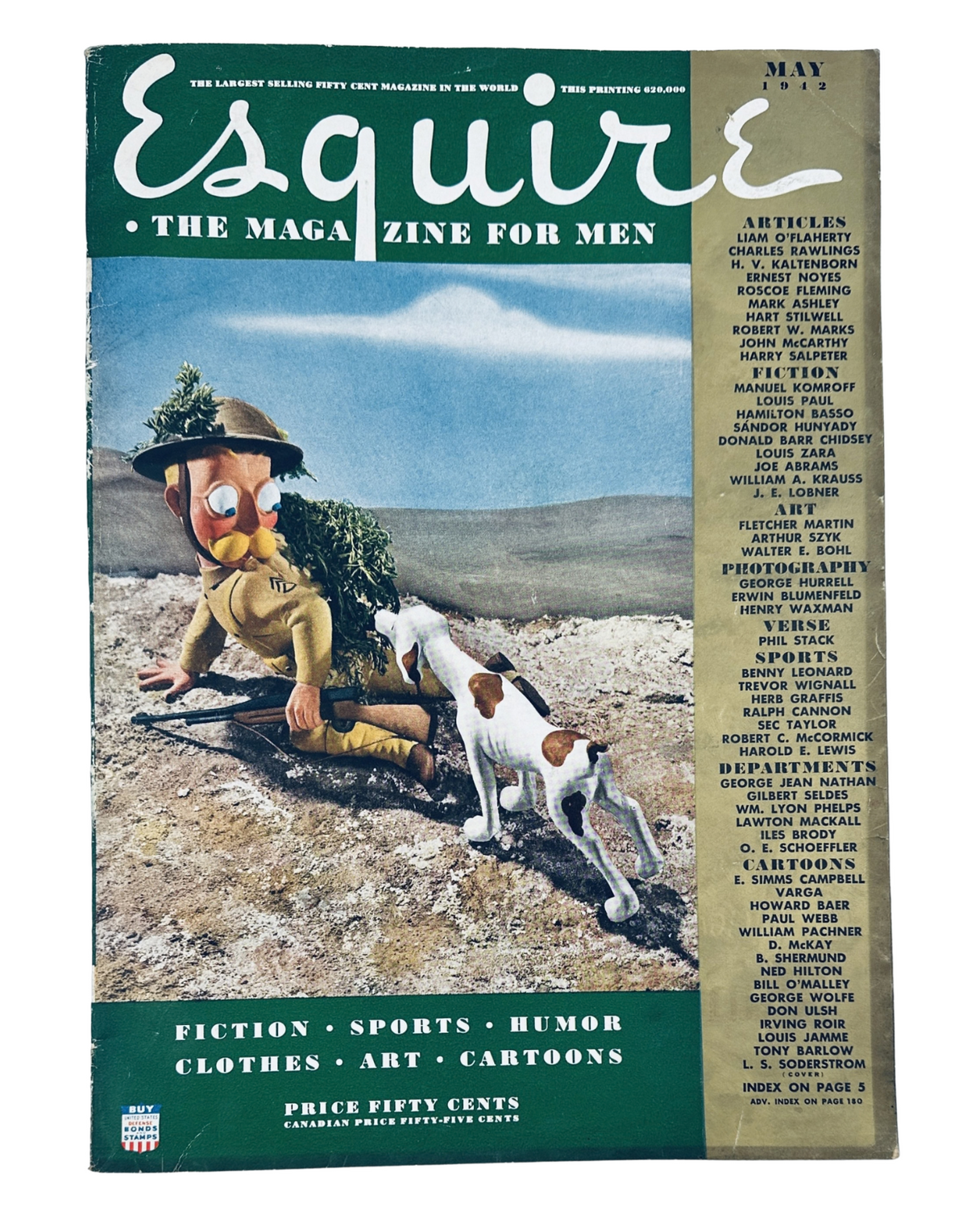 Cover of Esquire Magazine May 1942 featuring a cartoonish character with a hat and a dog, showcasing the title 'Esquire: The Magazine for Men' and hinting at content related to fiction, sports, humor, clothes, art, and cartoons.