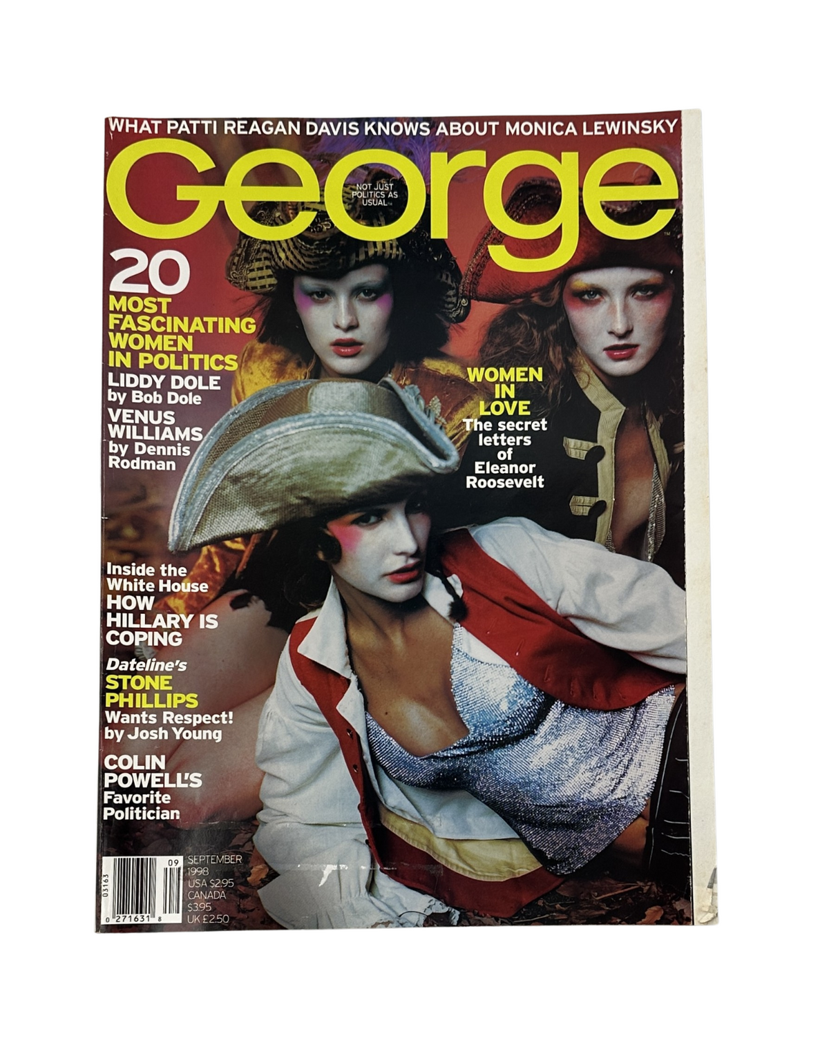 George Magazine September 1998 cover featuring models styled with historical costumes and bold makeup, representing the theme of women in politics, alongside the intriguing phrase '20 Most Fascinating Women in Politics'.