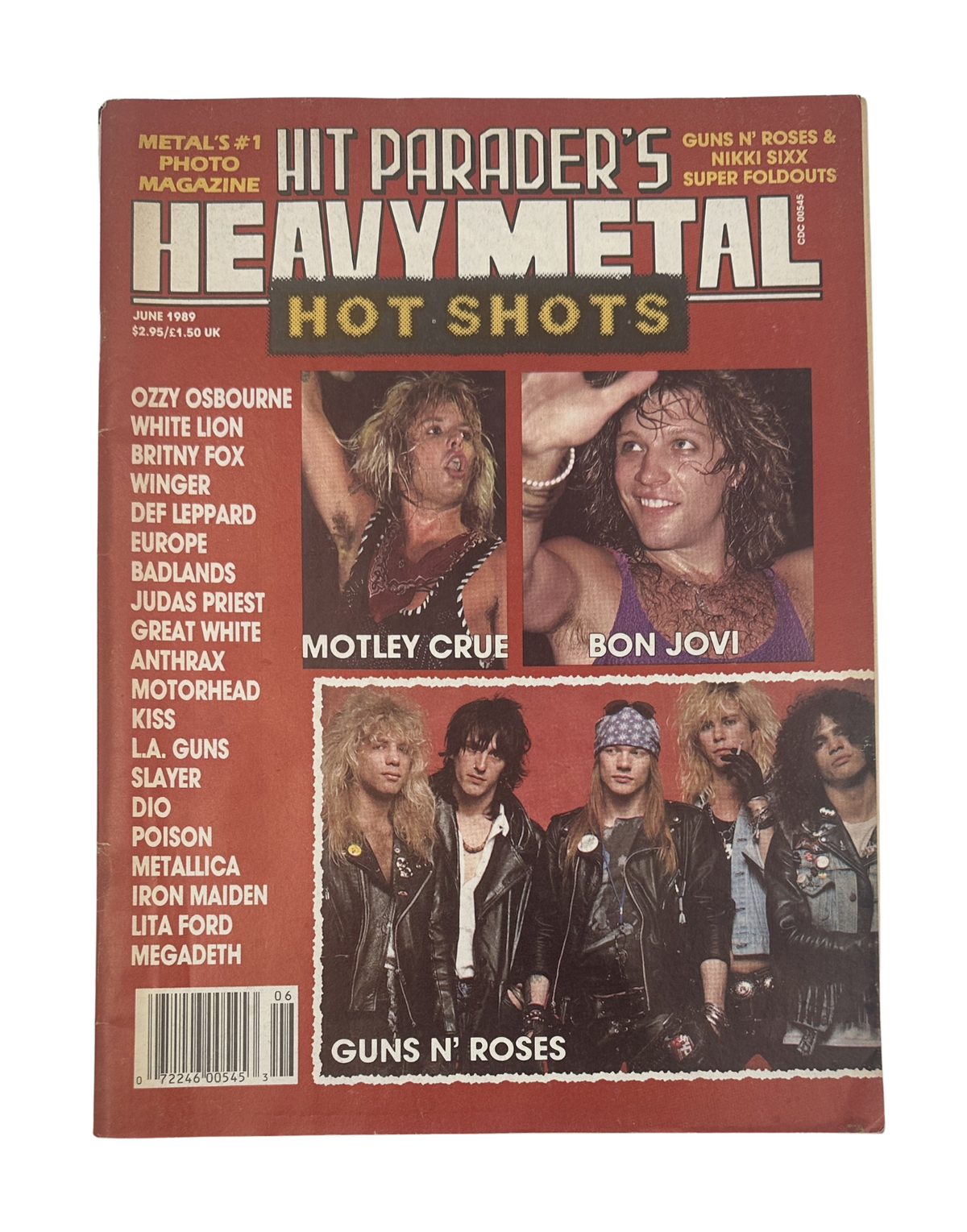 Cover of Hit Parader Magazine June 1989 featuring Motley Crue, Bon Jovi, and Guns N' Roses, showcasing the hottest rock bands of the era.