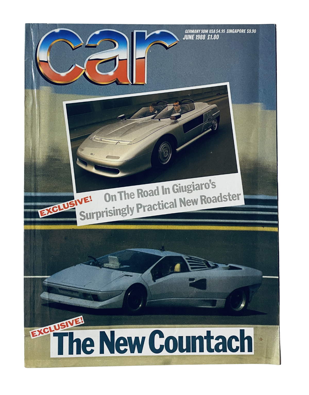 CAR Magazine June 1988 cover featuring the Giugiaro Roadster and the Lamborghini Countach, highlighting exclusivity in automotive design.
