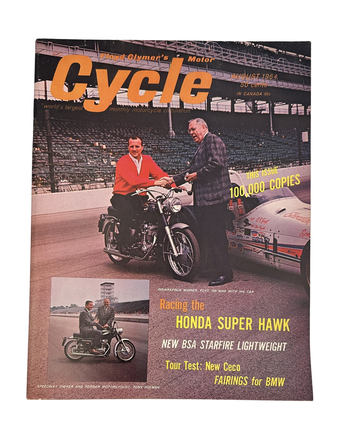 Cover of Cycle Magazine August 1964 featuring the Honda Super Hawk and BSA Starfire, showcasing a motorcyclist and Floyd Clymer at the Indianapolis 500.