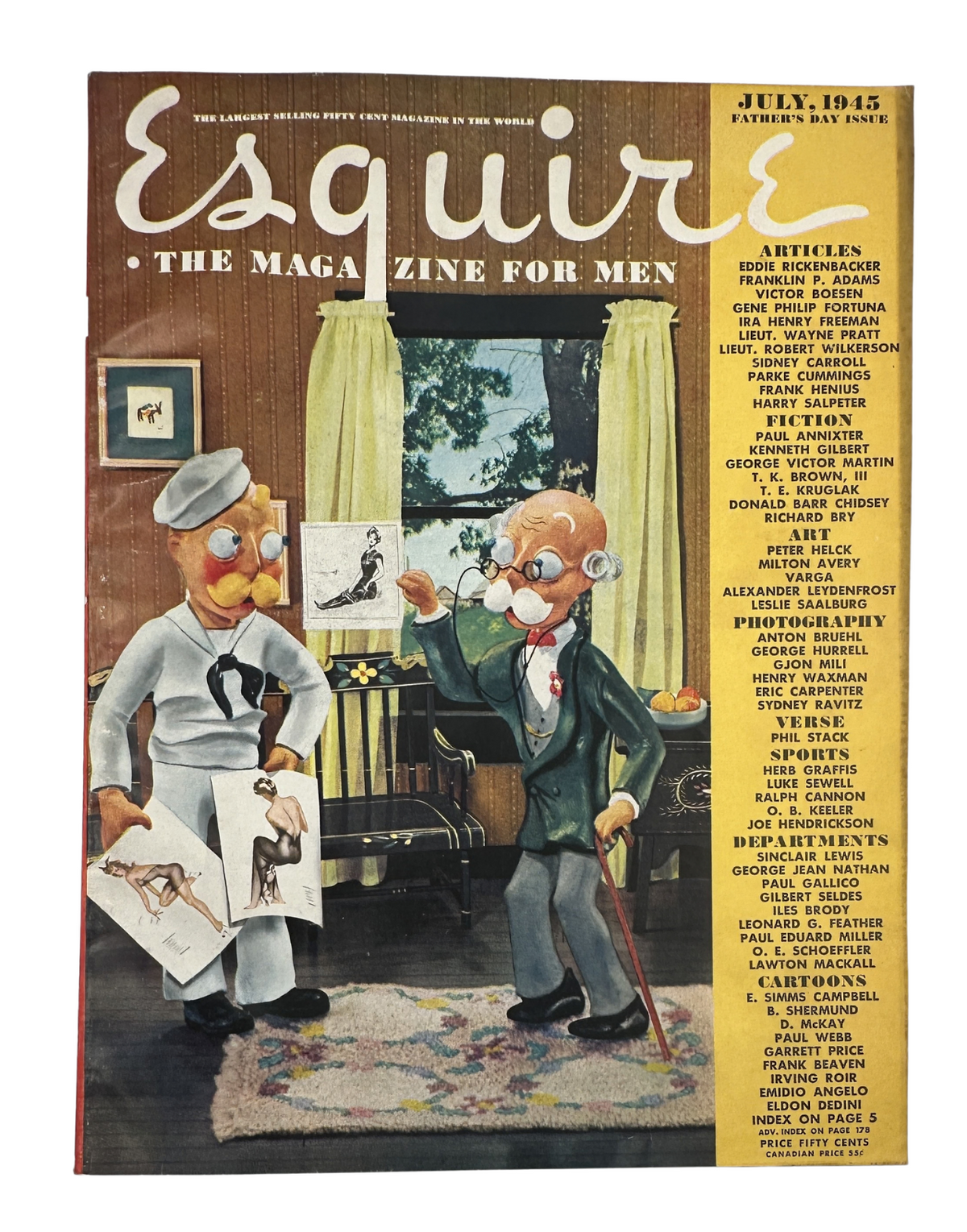 Esquire Magazine cover from July 1945 featuring artwork by Peter Helck depicting cartoonish characters, including a doctor and a soldier discussing pictures in a room, showcased in the Father's Day issue.