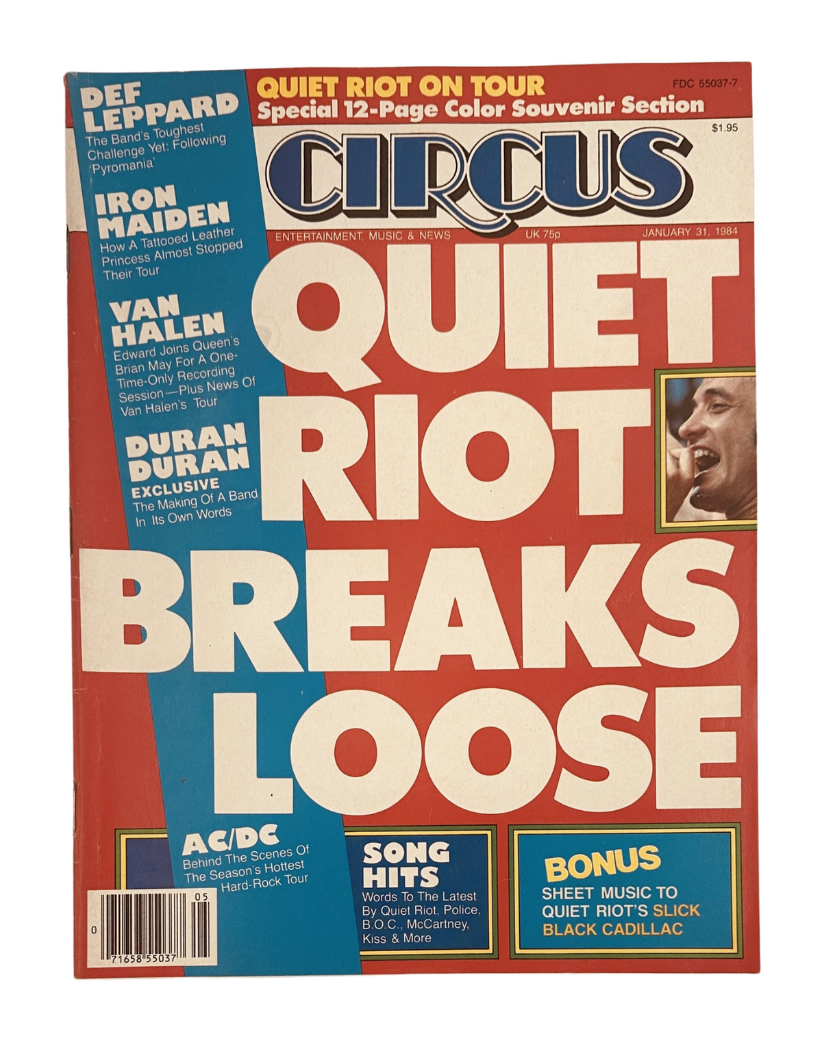 Circus Magazine cover from January 31, 1984 featuring Quiet Riot, Def Leppard, and Van Halen. The headline reads 'Quiet Riot Breaks Loose' with additional highlights on music tours and bonuses including sheet music. The magazine is part of an entertainment and music news collection.