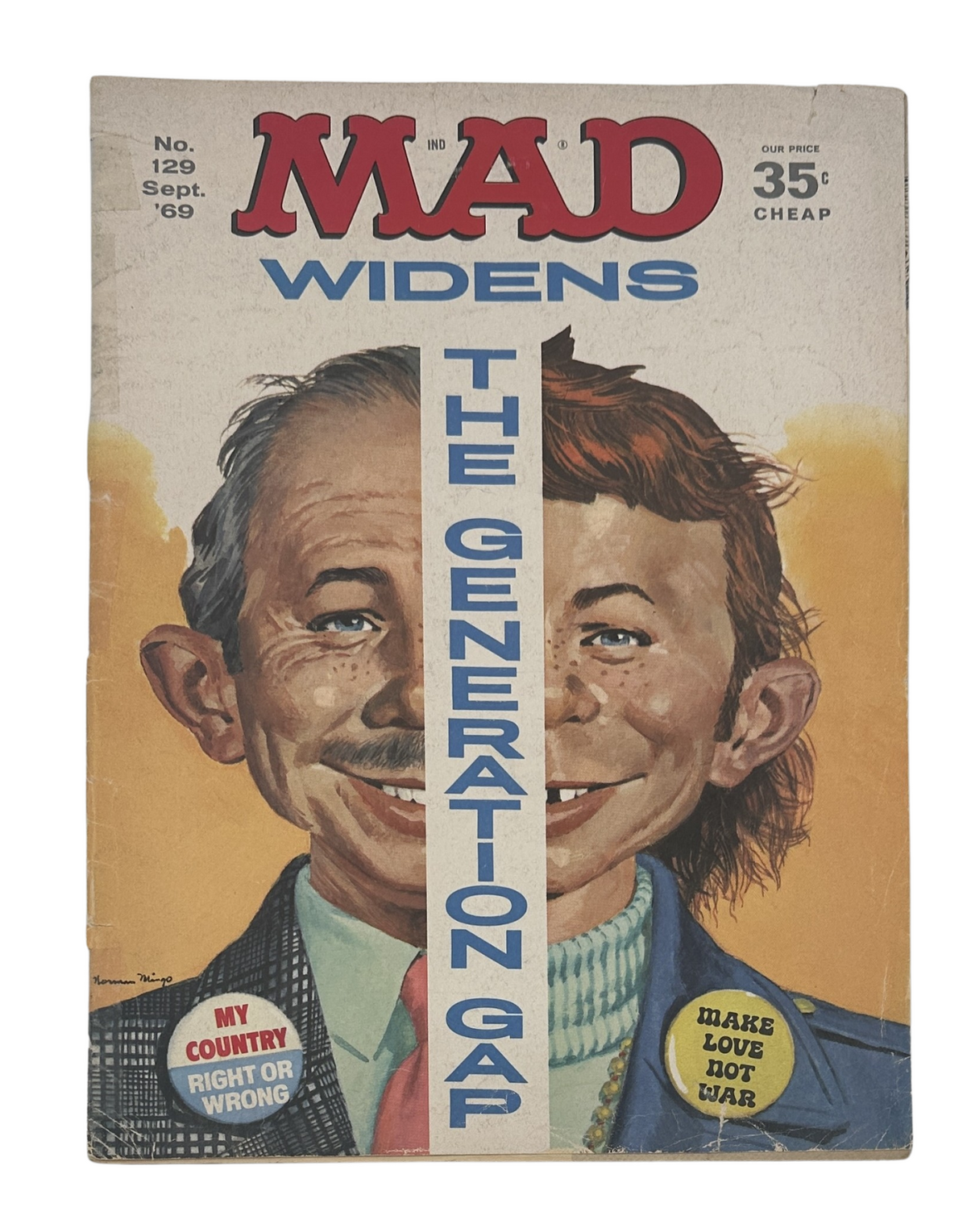 Cover of MAD Magazine No. 129 from September 1969 titled 'Brother Hoods', featuring a satirical illustration depicting the theme of 'The Generation Gap'.