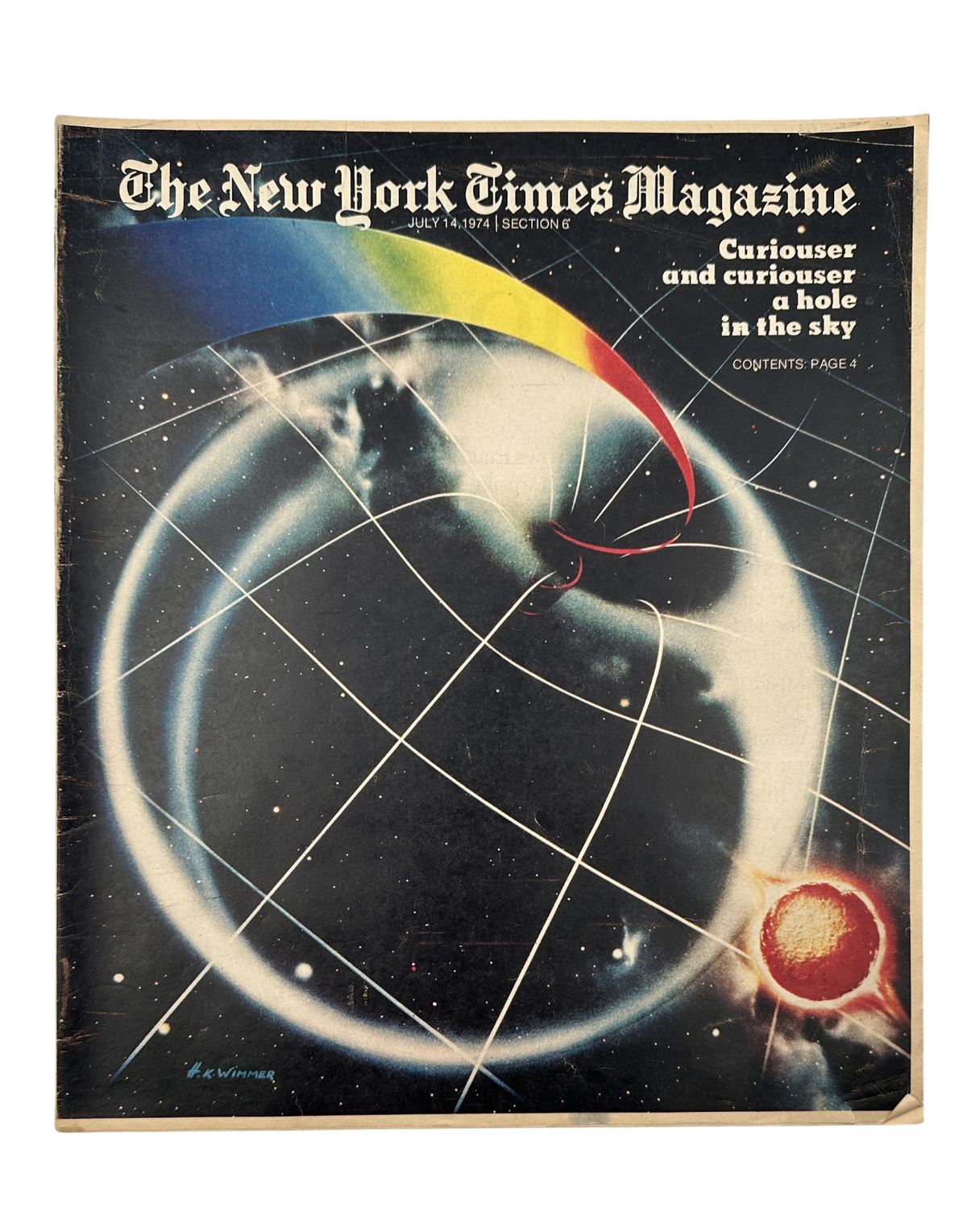 The New York Times Magazine July 14, 1974 cover featuring a striking image of a black hole in space, showcasing vibrant colors and the title 'Curiouser and curiouser a hole in the sky'.