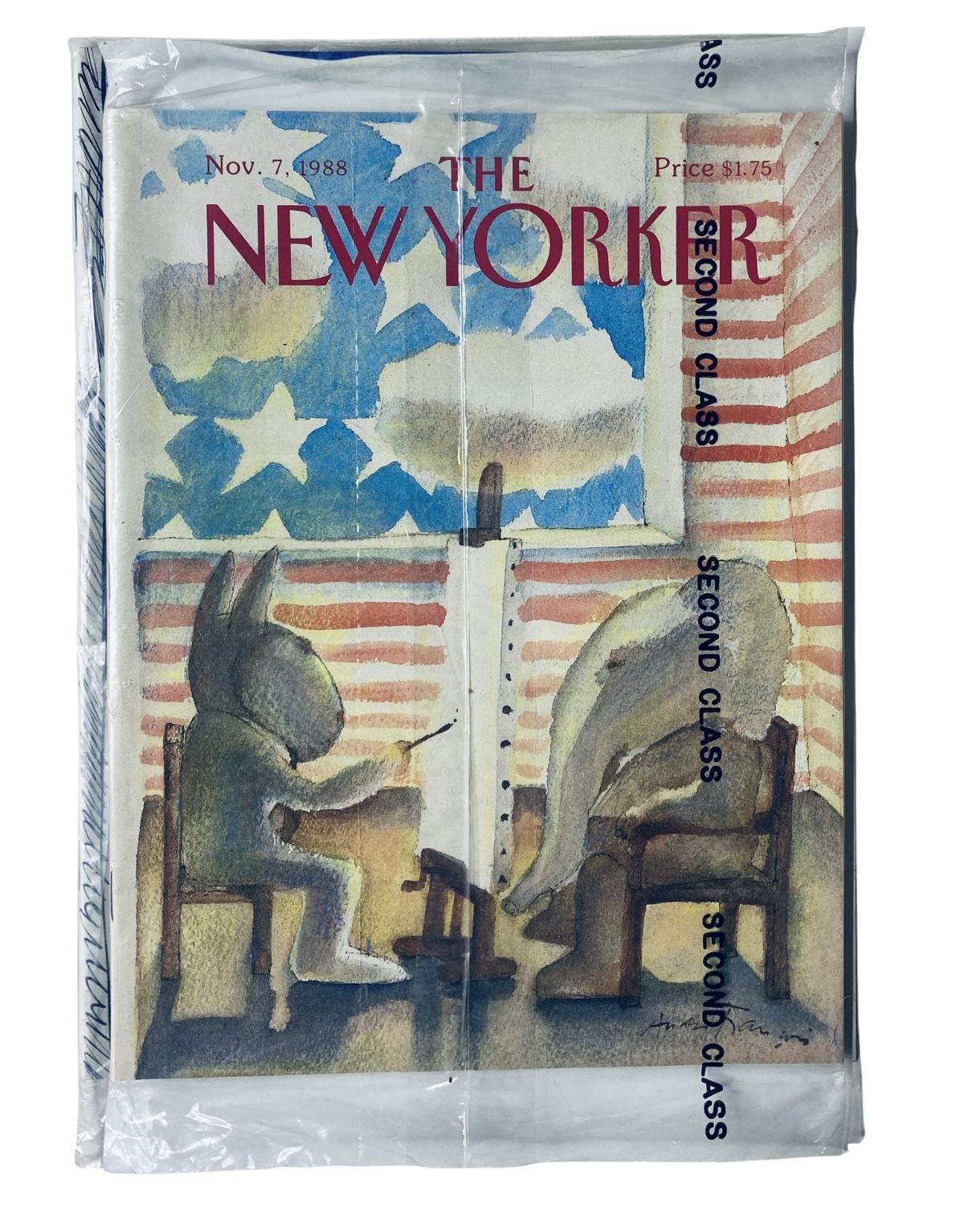 SEALED The New Yorker Magazine November 7, 1988 featuring a patriotic cover illustration of a voting booth with a bunny and a person behind a divider, presented in original packaging.
