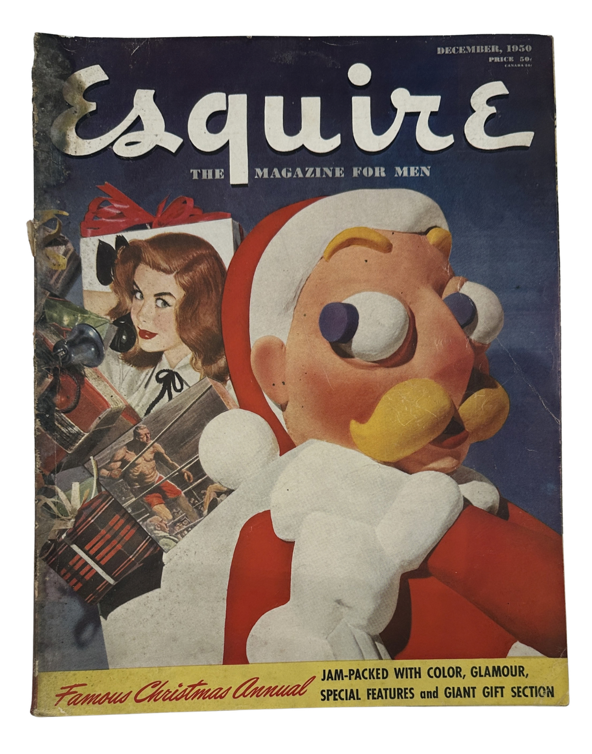 Esquire Magazine December 1950 cover featuring a Santa Claus illustration and a woman looking intently at gift items, highlighting the annual Christmas issue.
