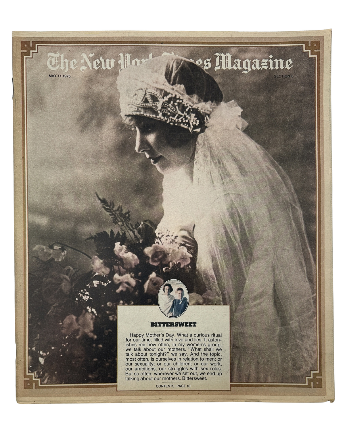 Cover of The New York Times Magazine from May 11, 1975 featuring the title 'Mother’s Day Bittersweet' with an image of a woman in a bridal gown holding flowers.