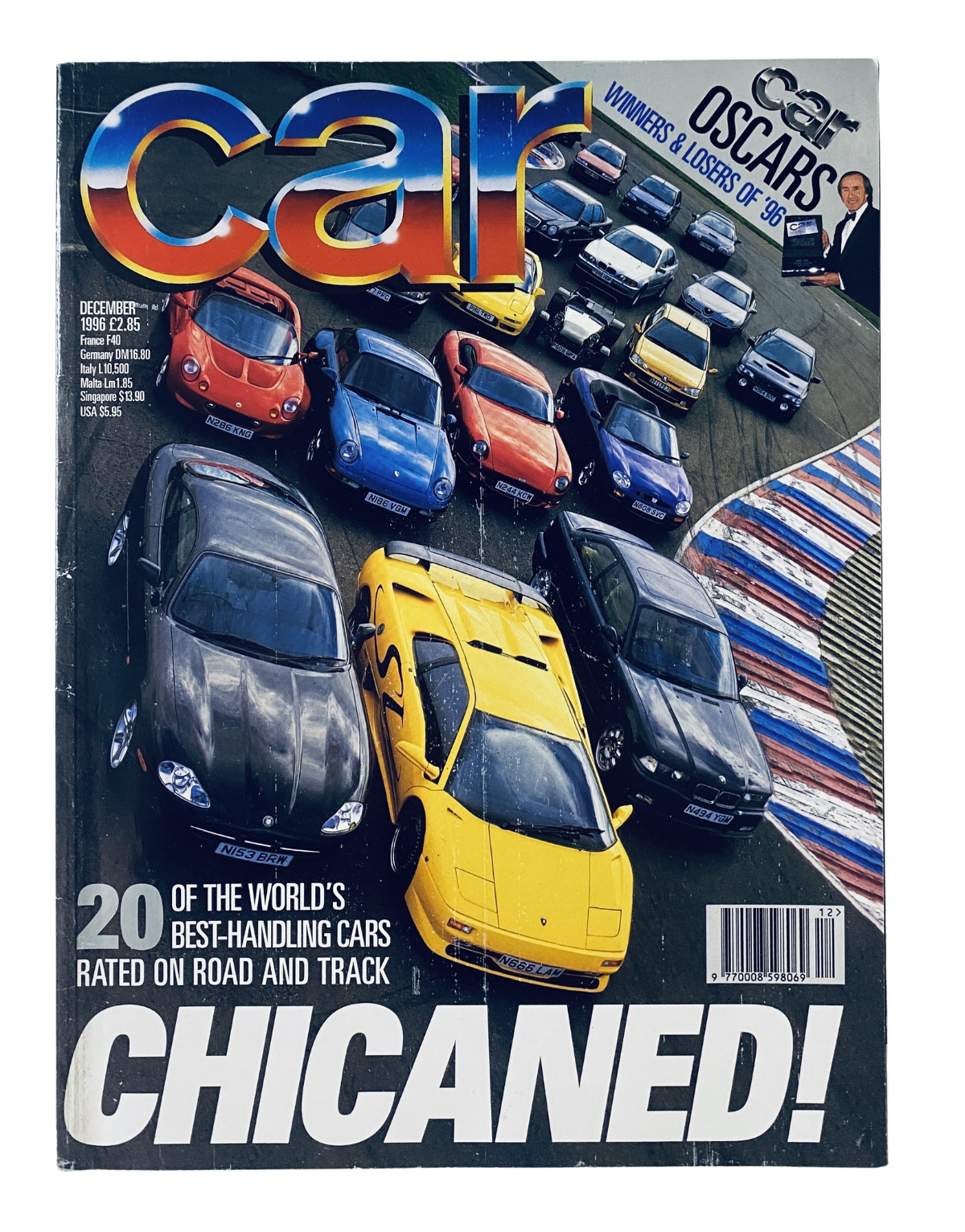 Cover of CAR Magazine December 1996 featuring a vibrant display of 20 best-handling cars rated on road and track. The title reads 'Handling Test 20 Best Cars Oscars Thruxton Review'.