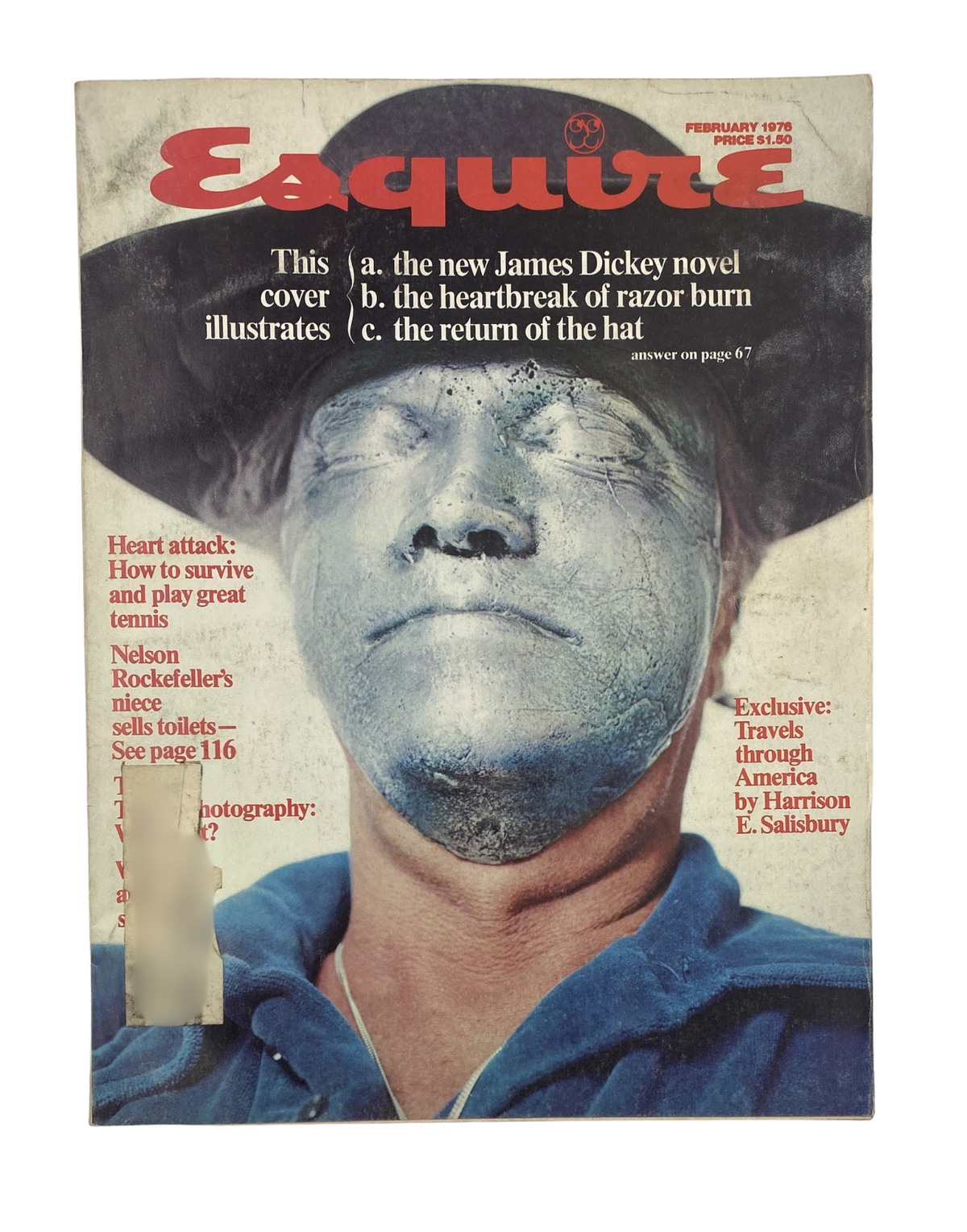 Esquire Magazine February 1976 cover featuring James Dickey, with a unique illustration showcasing a blue-faced figure. Highlights include the title and questions related to the content, emphasizing an eye-catching design.