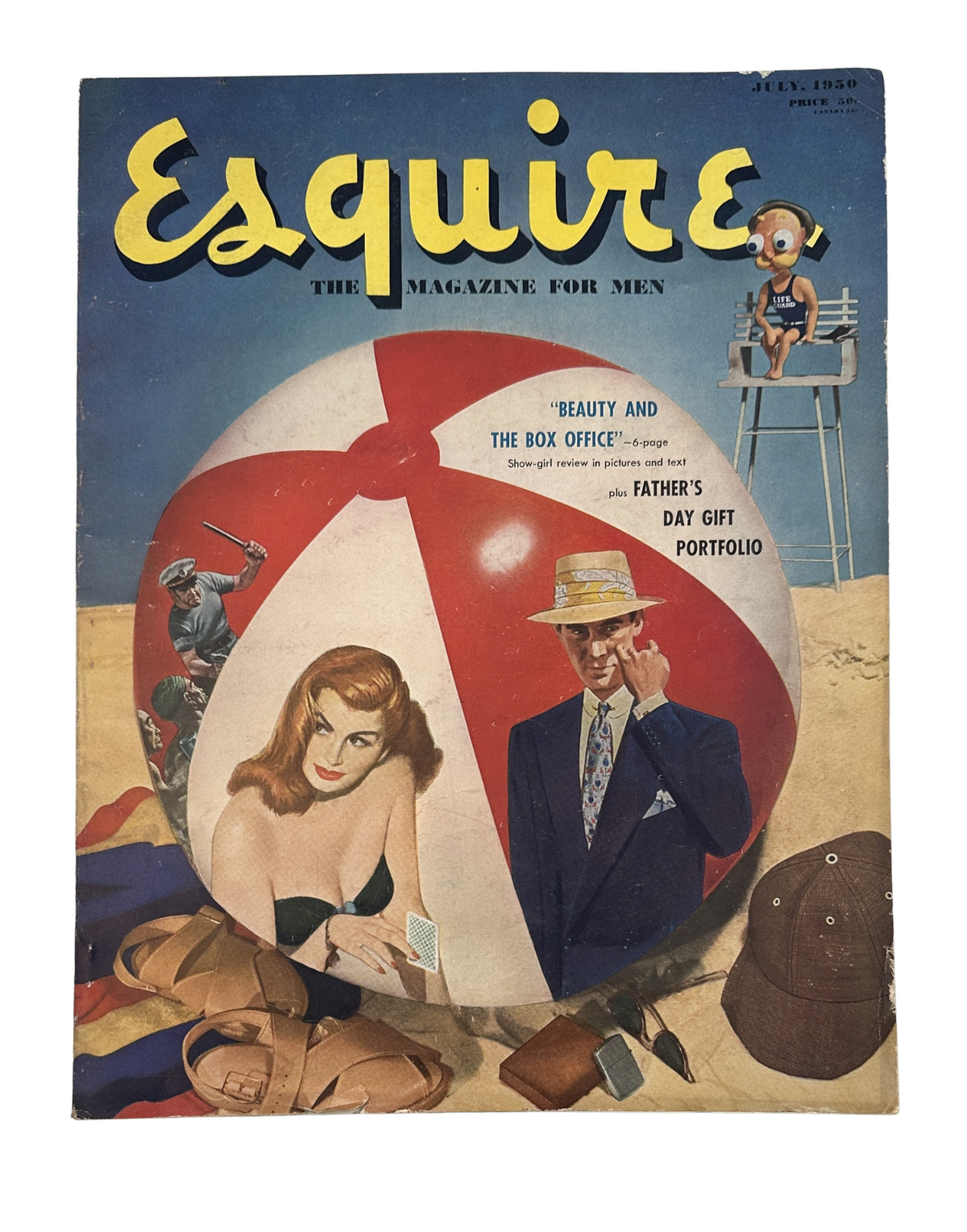 Esquire Magazine July 1950 featuring Ray Bradbury's Illustrated Man on the cover, showcasing a beach-themed illustration with a pinup model and a gentleman in a suit holding an item, highlighting the magazine's focus on beauty and lifestyle.